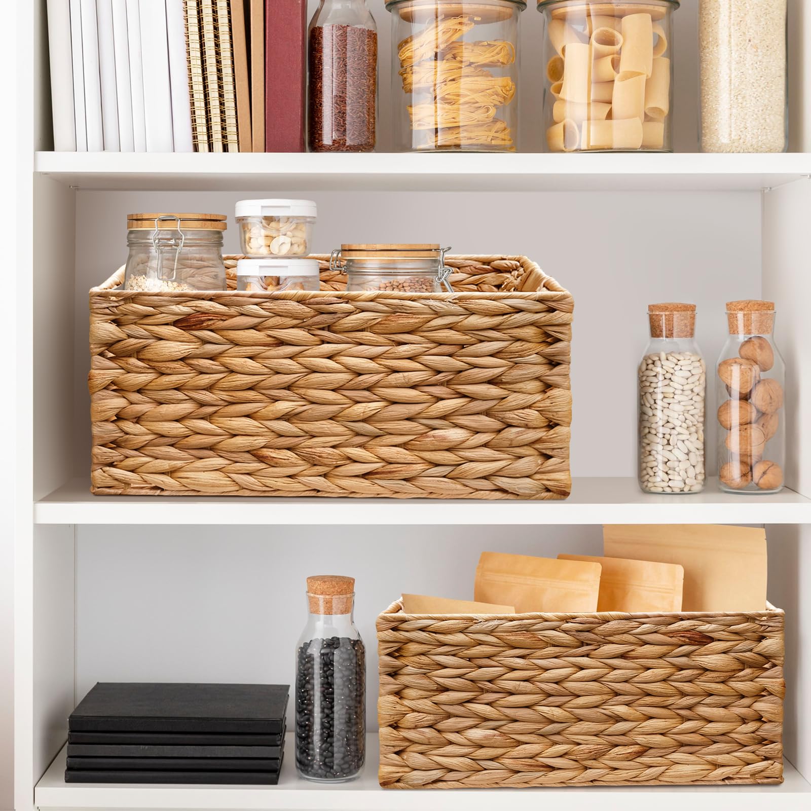 ZeeingHom 3 Pack Natural Water Hyacinth storage basket with Handle, Rectangular Wicker Basket for Organizing, Decorative Wicker Storage Basket for Living Room, 3 Mixed Sizes