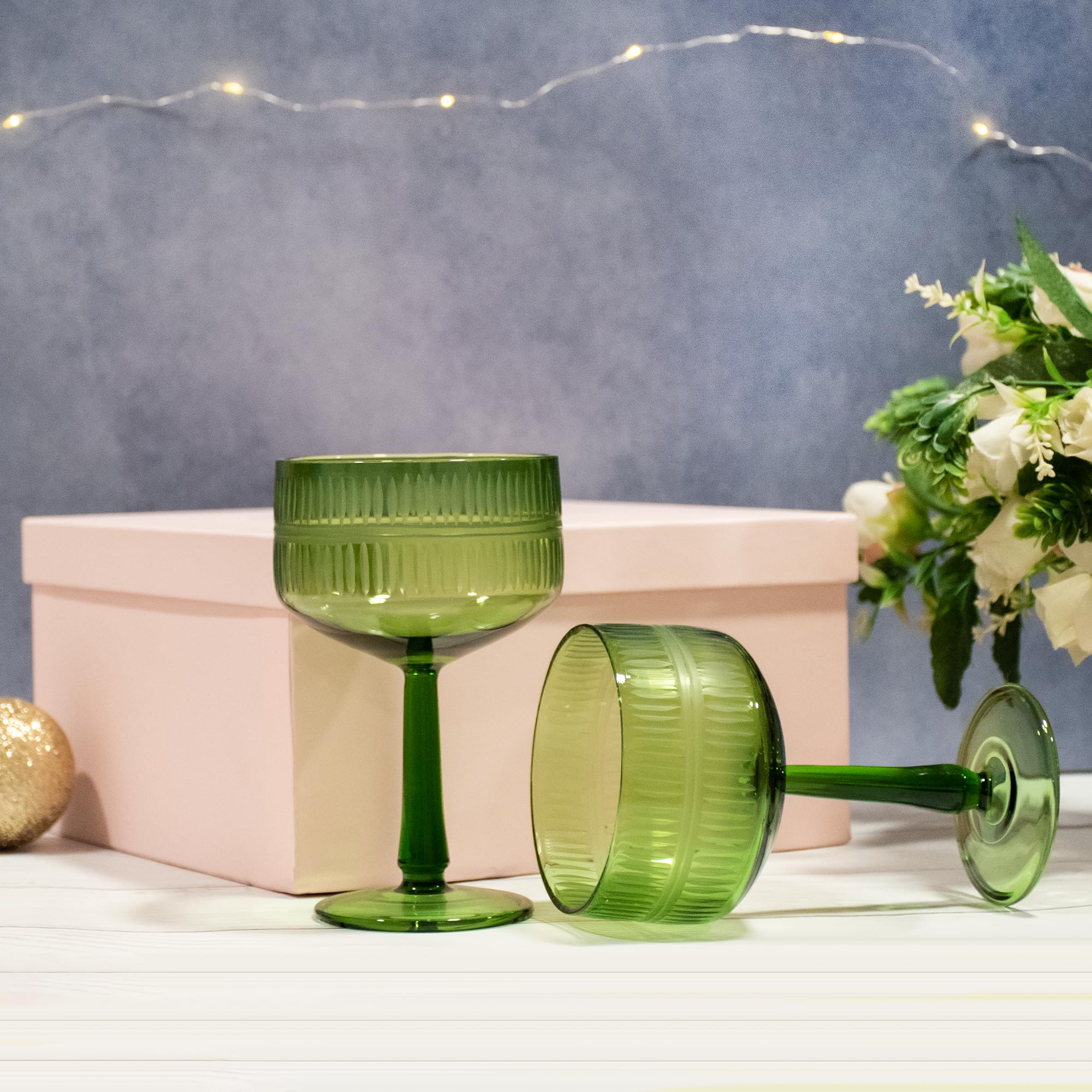 Praahi Lifestyle Premium Champagne Glass Coupe Glasses | Cocktail Glass Set - Gift Box Packaging, 270ml, Set of 2, Green Glasses | Wedding Gifts | Best Gift 2