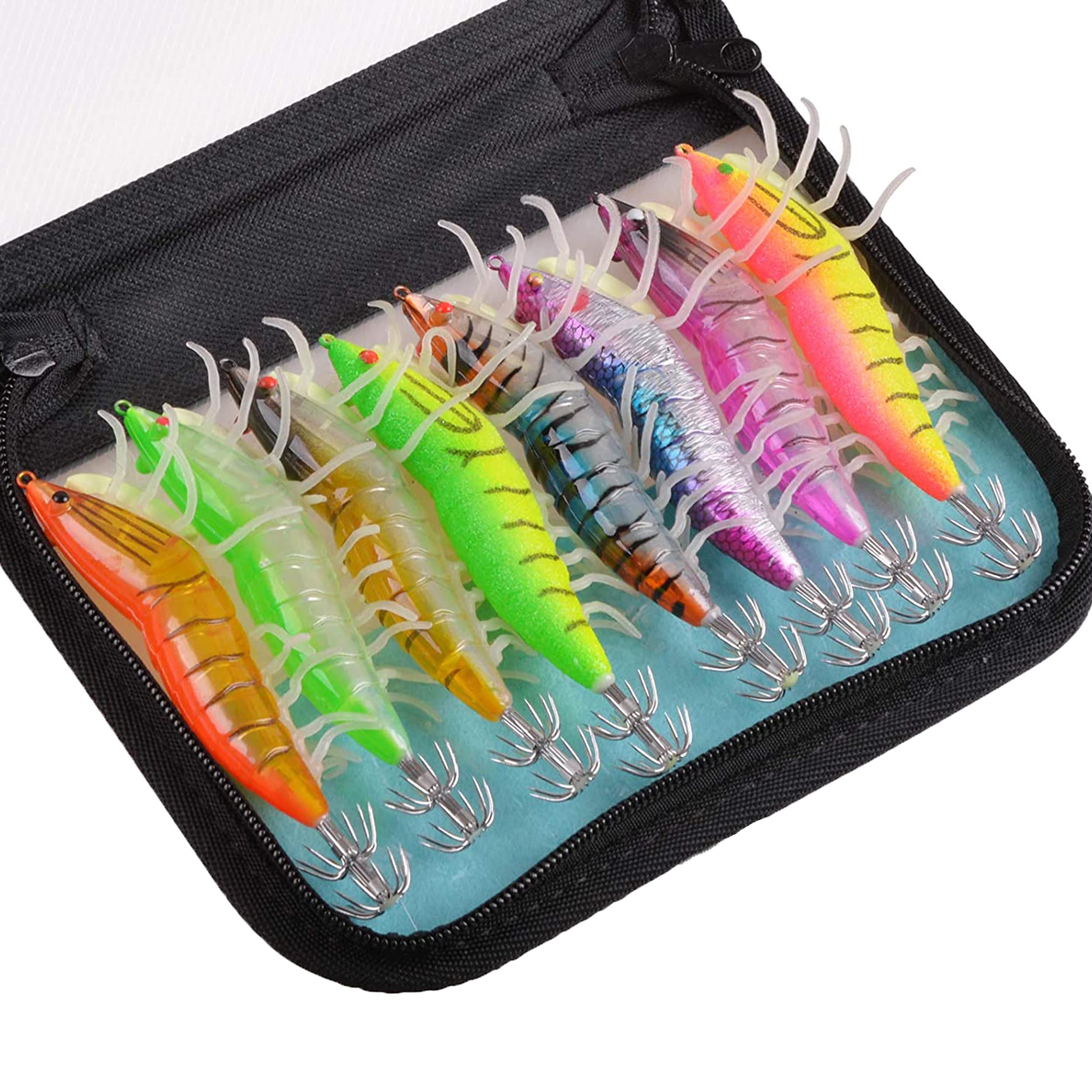 SHADDOCKLuminous Shrimps Squid Jig Lure, 8PCS Artificial Fishing Lure Baits with Luminous Legs, Hard Sinking Lures Kit with Storage Bag