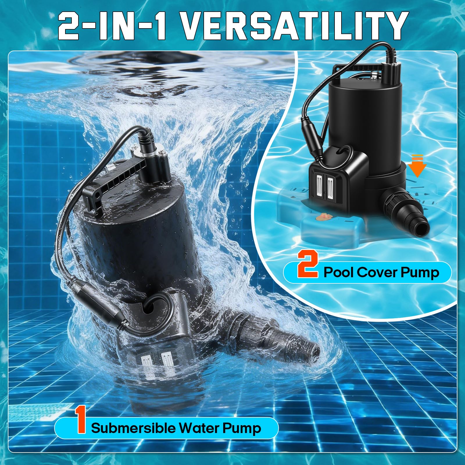 Bomba de agua automática de 1/3 HP, bomba de sumidero sumergible de 3035 GPH con red de filtro, cable de alimentación de 25 pies y válvula de retención, eliminación de agua