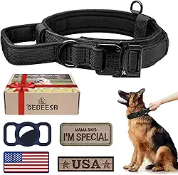 Coleira militar tática ajustável para cães: - Coleiras de nylon K9 com alça e fivela de metal resistente para cães médios e grandes com 3 adesivos e suporte de capa Airtag (G, preto)