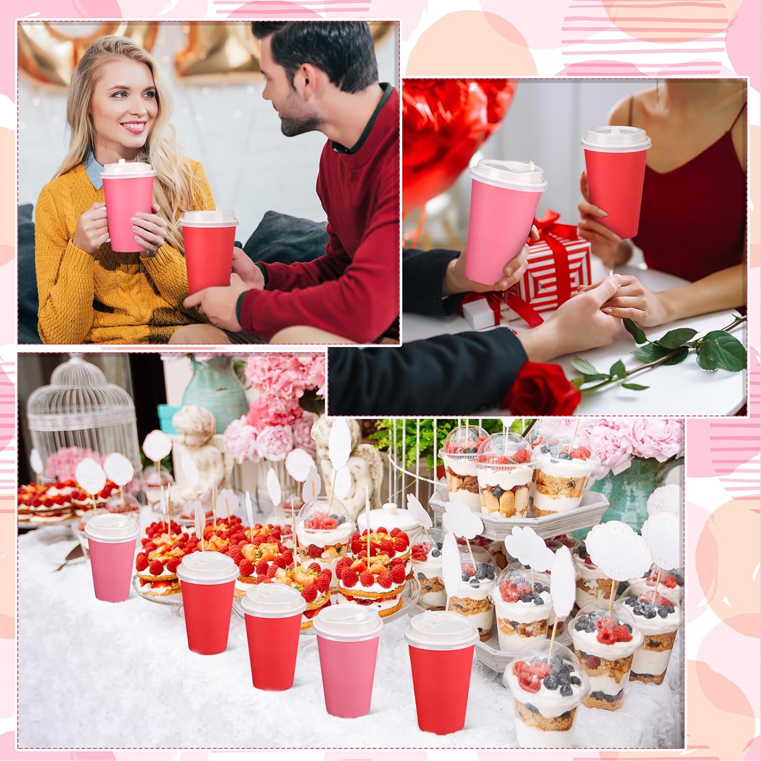 Tioncy 60 Pcs 12oz Valentine's Day Coffee Paper Cups with Lids Hot Cocoa Cups Valentines Red Pink Paper Beverage Tumbler Hot Chocolate Cocoa Container for Wedding Anniversary Party Supplies - Image 4