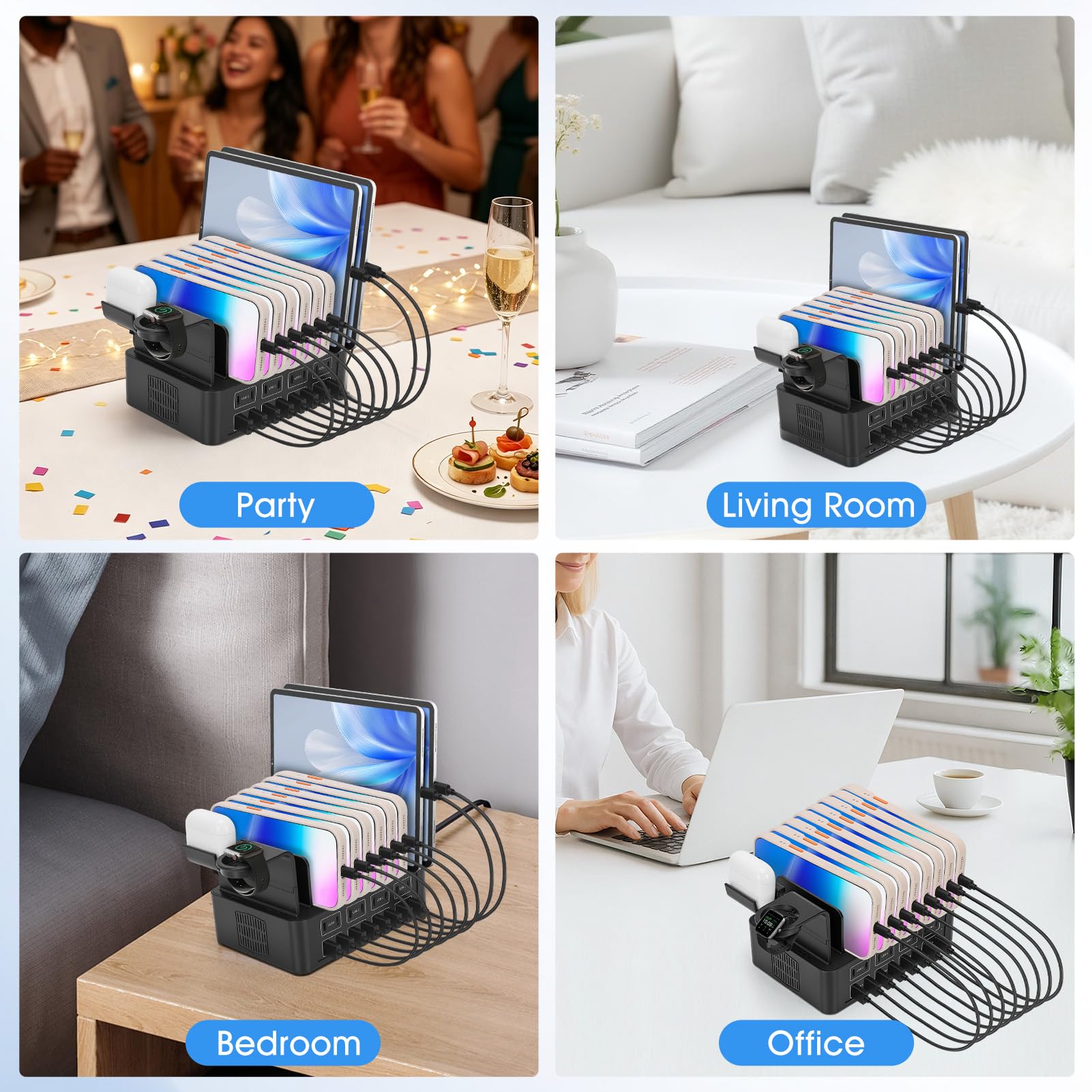 Stazione di Ricarica da 150W, 16 Porte Caricatore USB con 8 Cavi corti e Regolabile supporto, 2-in-1 Rapida caricabatterie da scrivania per smartwatch, smartphone, tablet, MP3
