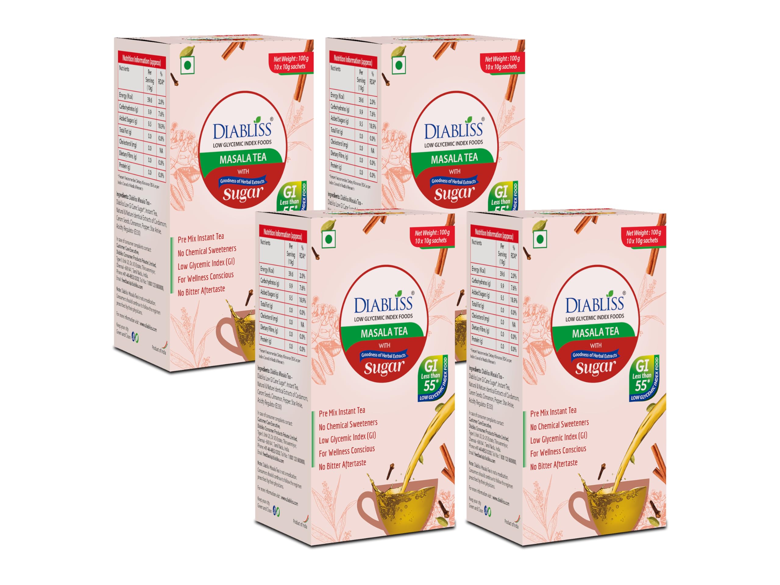 Diabliss Herbal Masala Tea – Trusted Worldwide | Low GI | Spiced Tea Blend with Herbal Goodness | Infused with 17 Herbs & Natural Ingredients | Hygienically Processed &| 10g Sachet Box, Combo Pack of 4