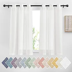 NICETOWN Linen Sheer Short Curtains 48 inch Length 2 Panels for Kitchen, Grommet Semi Sheer Small Curtains & Drapes Privacy with Light Filtering for Nursery, White, W36 x L48, 2 Pieces