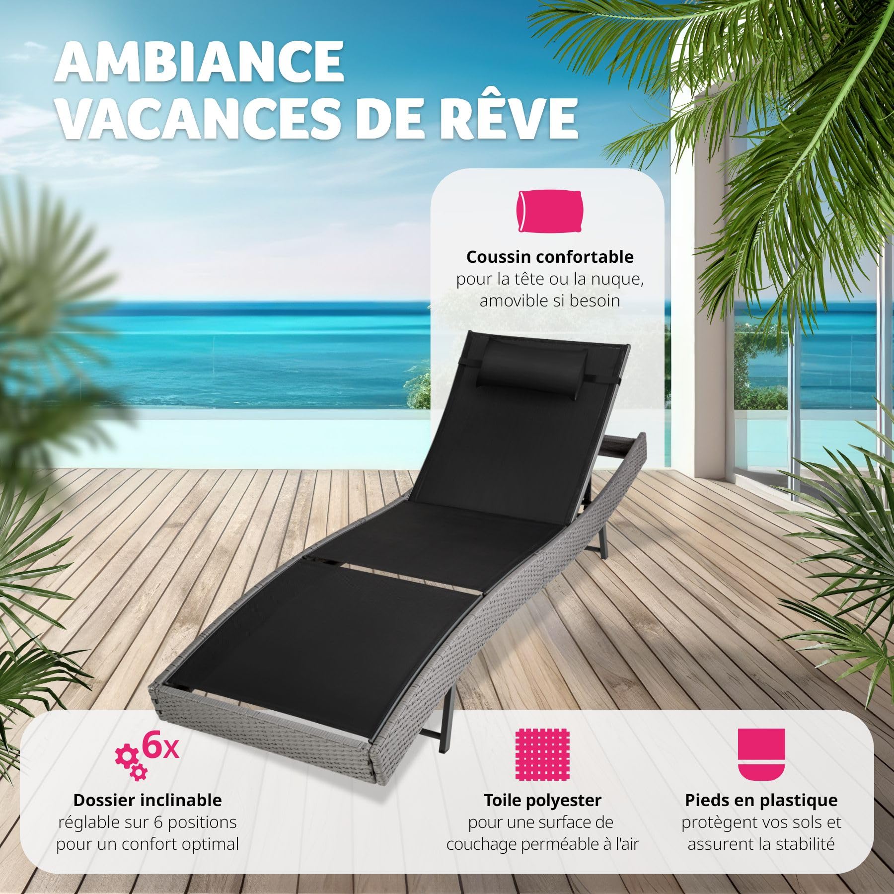 Chaise Longue TecTake En Résine Tressée - Dossier 5 Positions, Cadre Aluminium | Pour Jardin, Plage, Terrasse