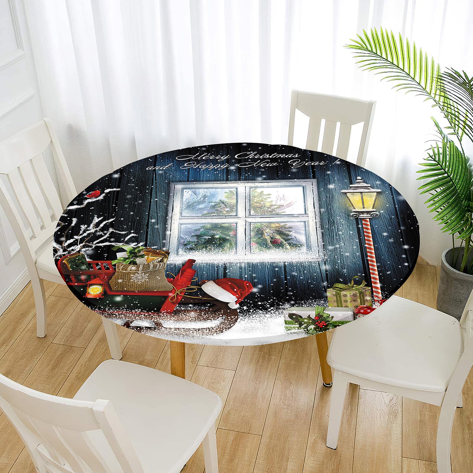 Treer Christmas Tablecloth, Wipeable Round Elastic Edged Fitted Backed Table Cover Washable for Dinning Room Kitchen Picnic Party (170cm,Window) — image 1