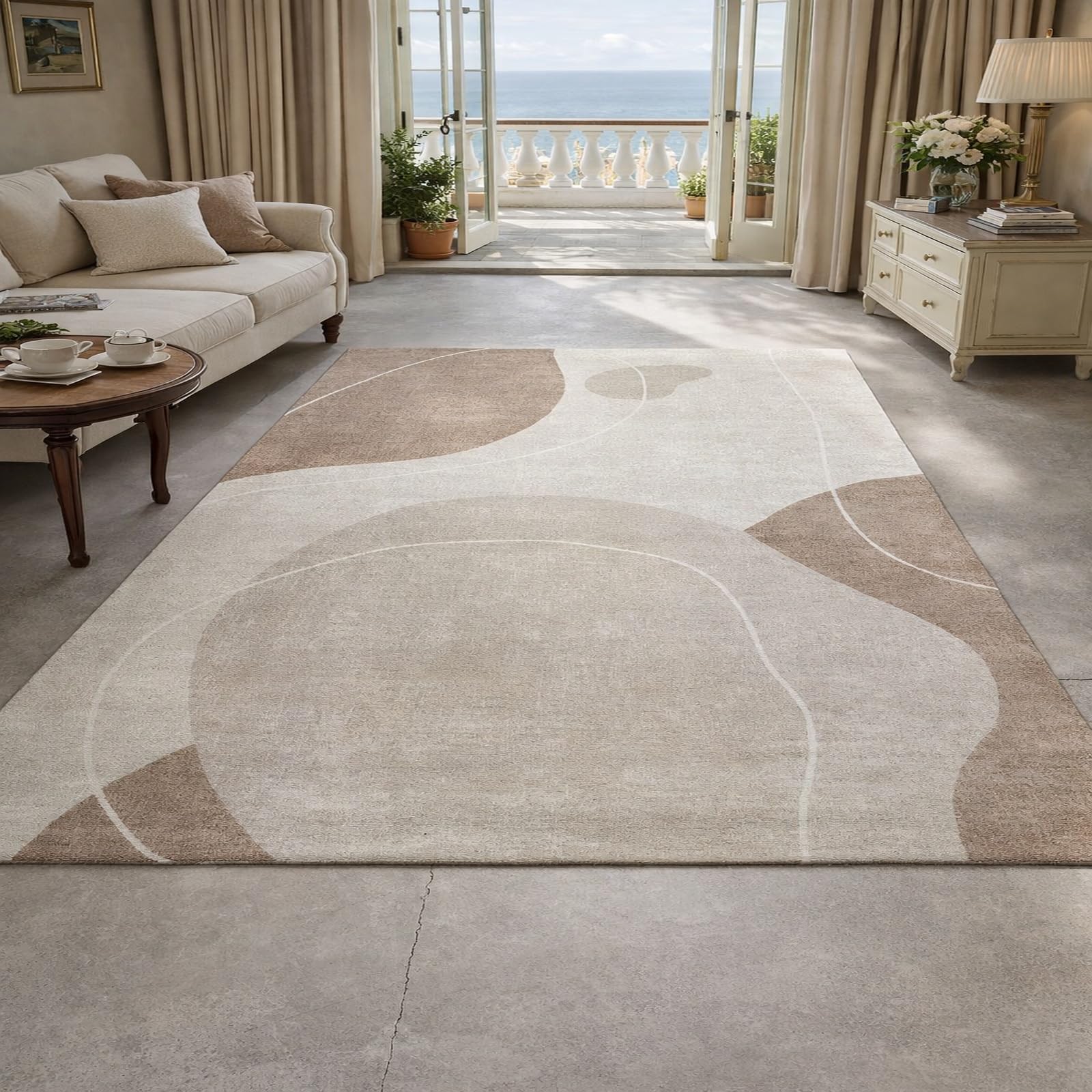 Tapis abstrait moderne beige gris blanc art décoratif salon 150cm