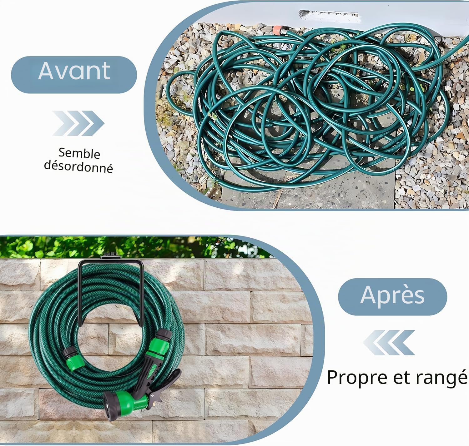 Lot de 2 supports de tuyau d'arrosage en métal - Support mural robuste pour montage mural - Enrouleur de tuyau réglable pour tuyaux d'eau - Rallonge de rangement
