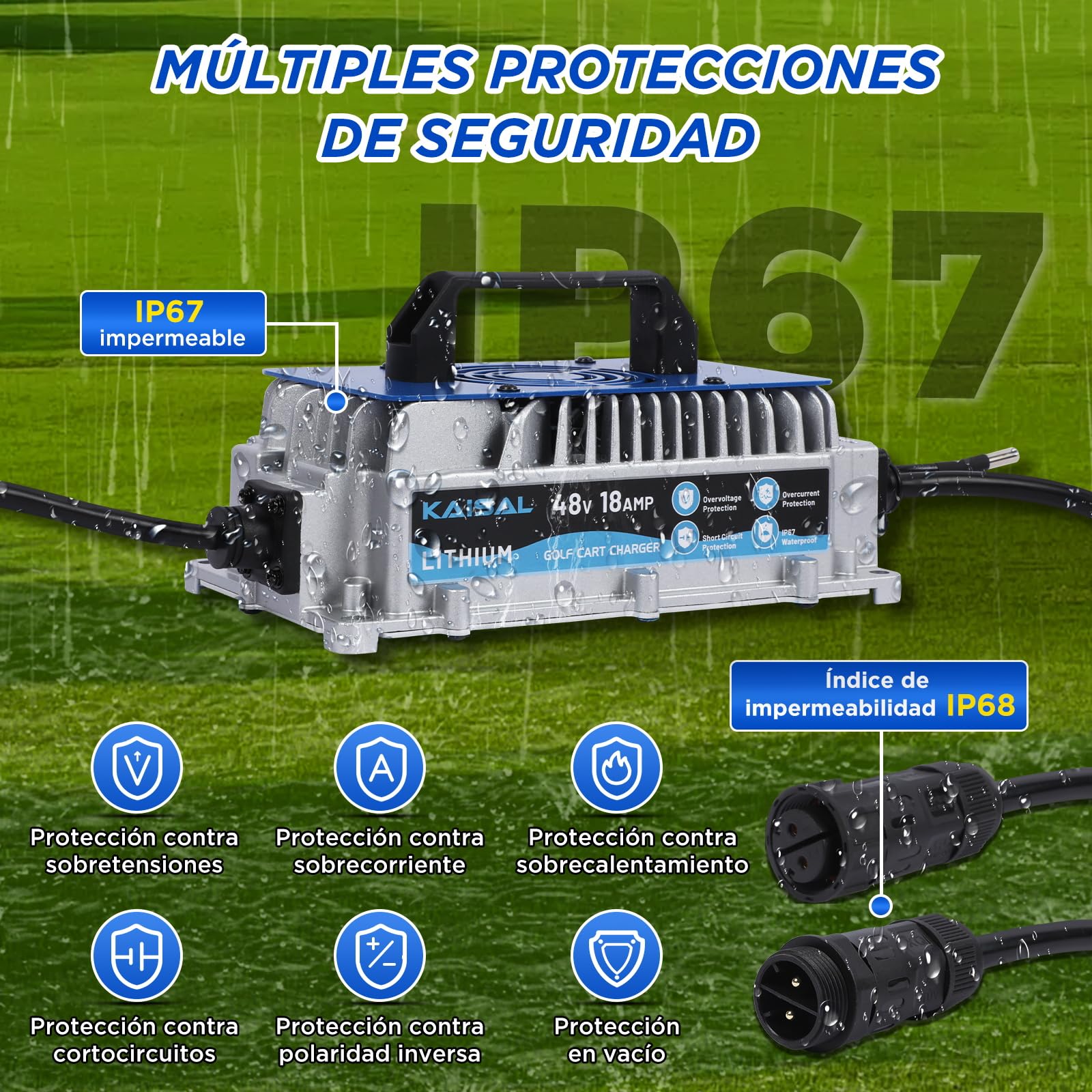 KAISAL Cargador de Batería Lifepo4 58.4V 18A, Cargador de Baterías Litio 48V (51.2V), Impermeable IP67, para Autocaravanas, Motores de Remolque, Carros, Barcos, Energía Solar