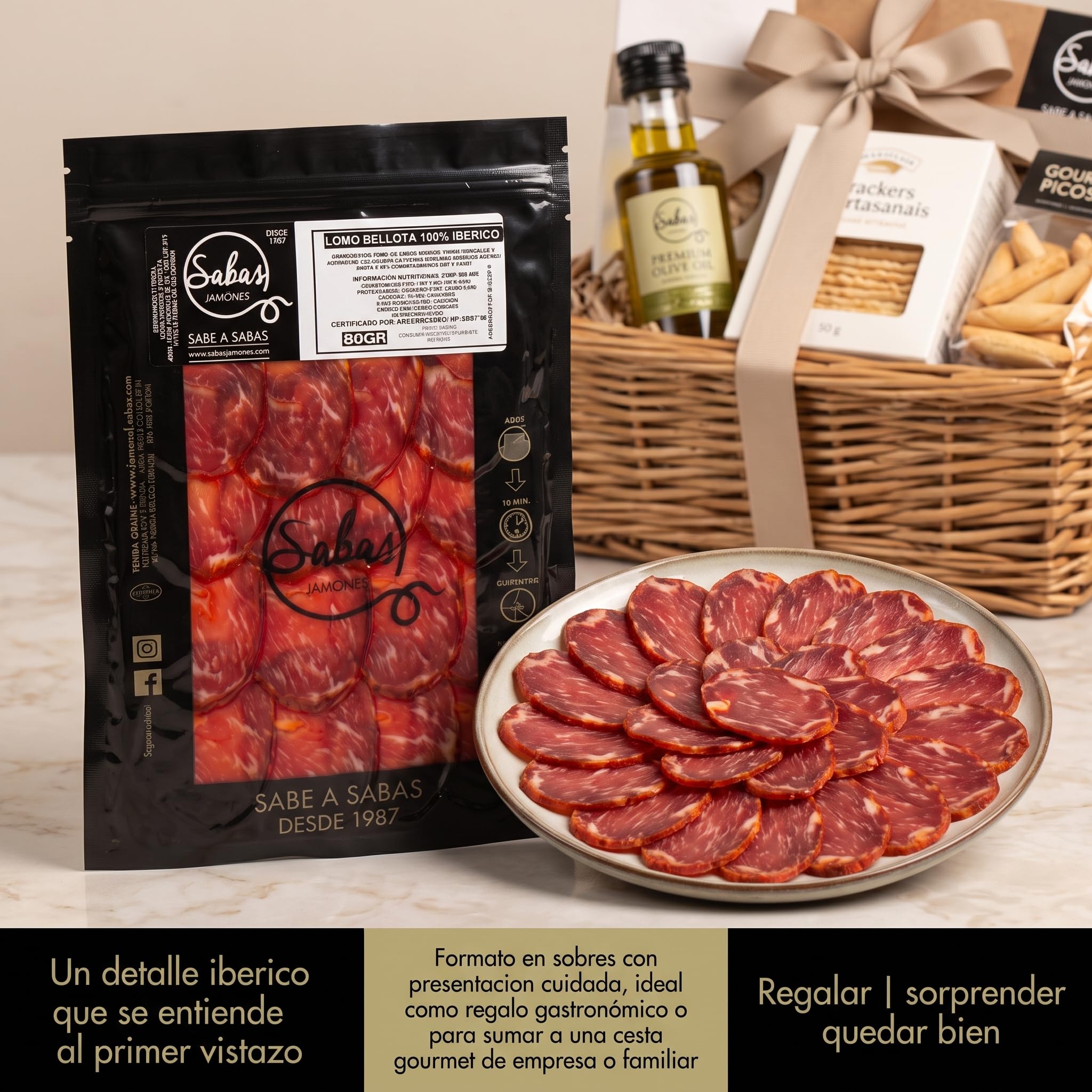 SABE A SABAS Lomo Bellota 100% Iberico Cortado a Mano Caña de Lomo de Jabugo Loncheado 6 Sobres de 80g lomo Iberico 100% curacion natural Tabla Aperitivo Picoteo Regalo Gourmet lo mejor de la Dehesa