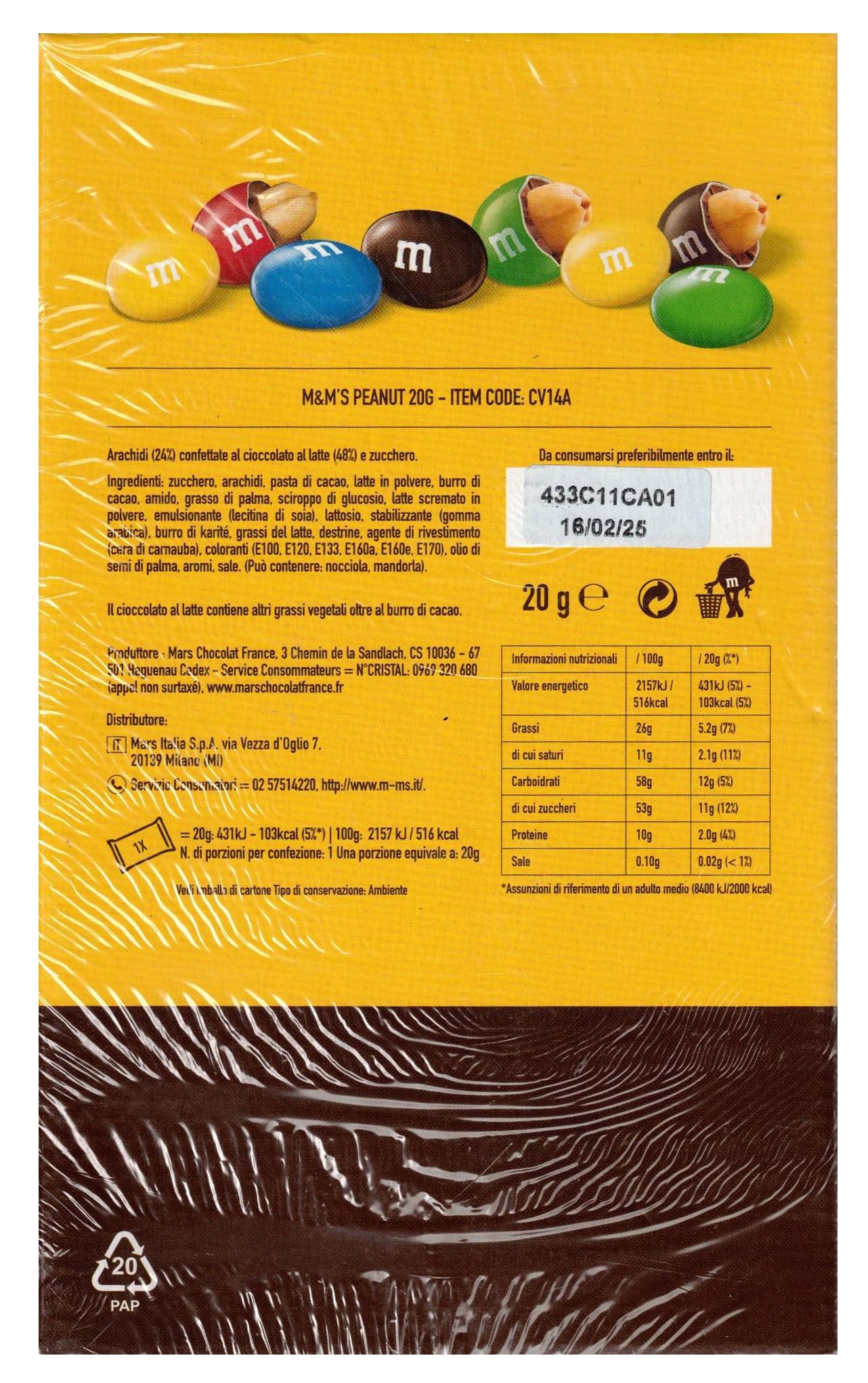 M&M's Peanut Arachidi Confettate al Cioccolato al Latte, Box Bocca di Lupo con 60 Mini Porzioni da 20g