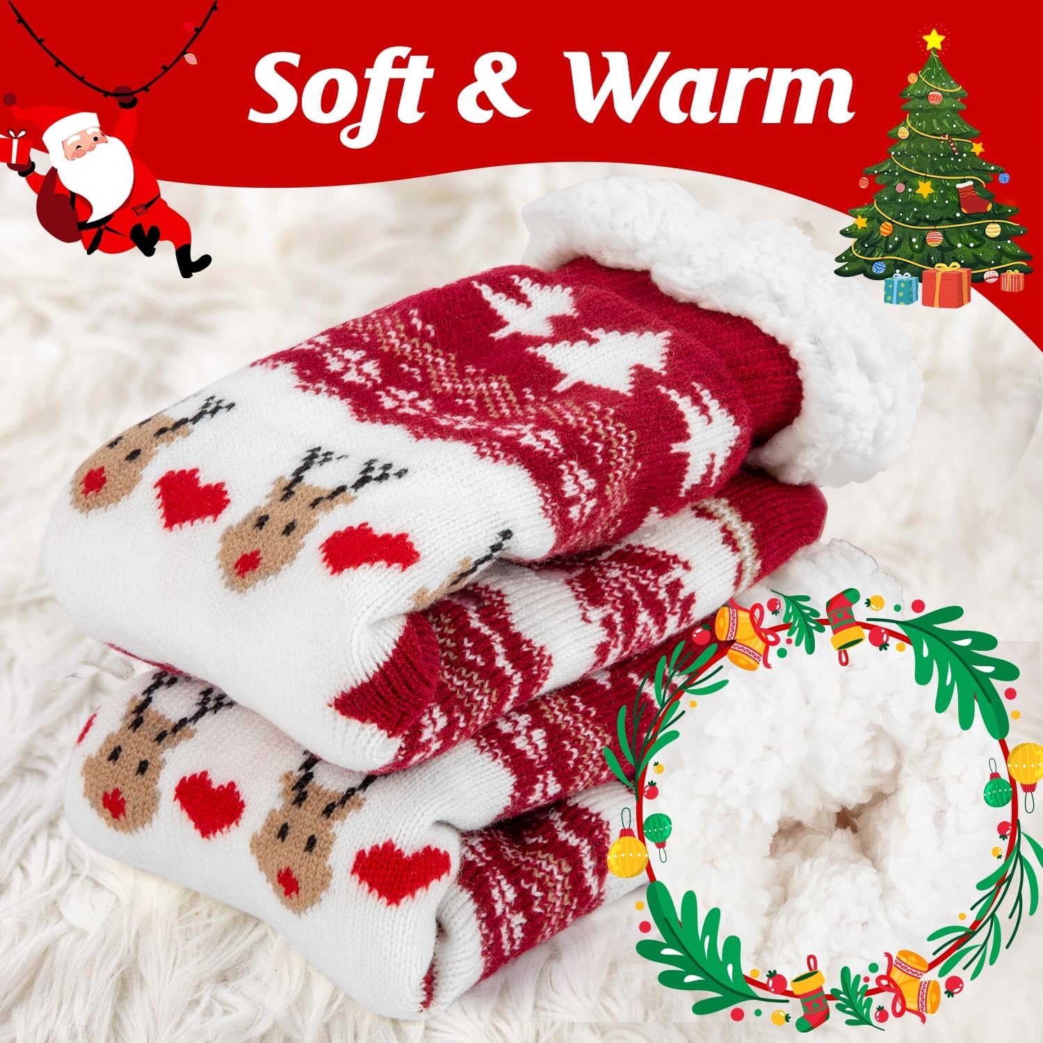 HONGTEYA Christmas Women Slippers Fuzzy Socks Winter Thick Warm Socks with Grippers Non Slip Soft Cozy Fleece Lining Christmas Gifts - Image 4