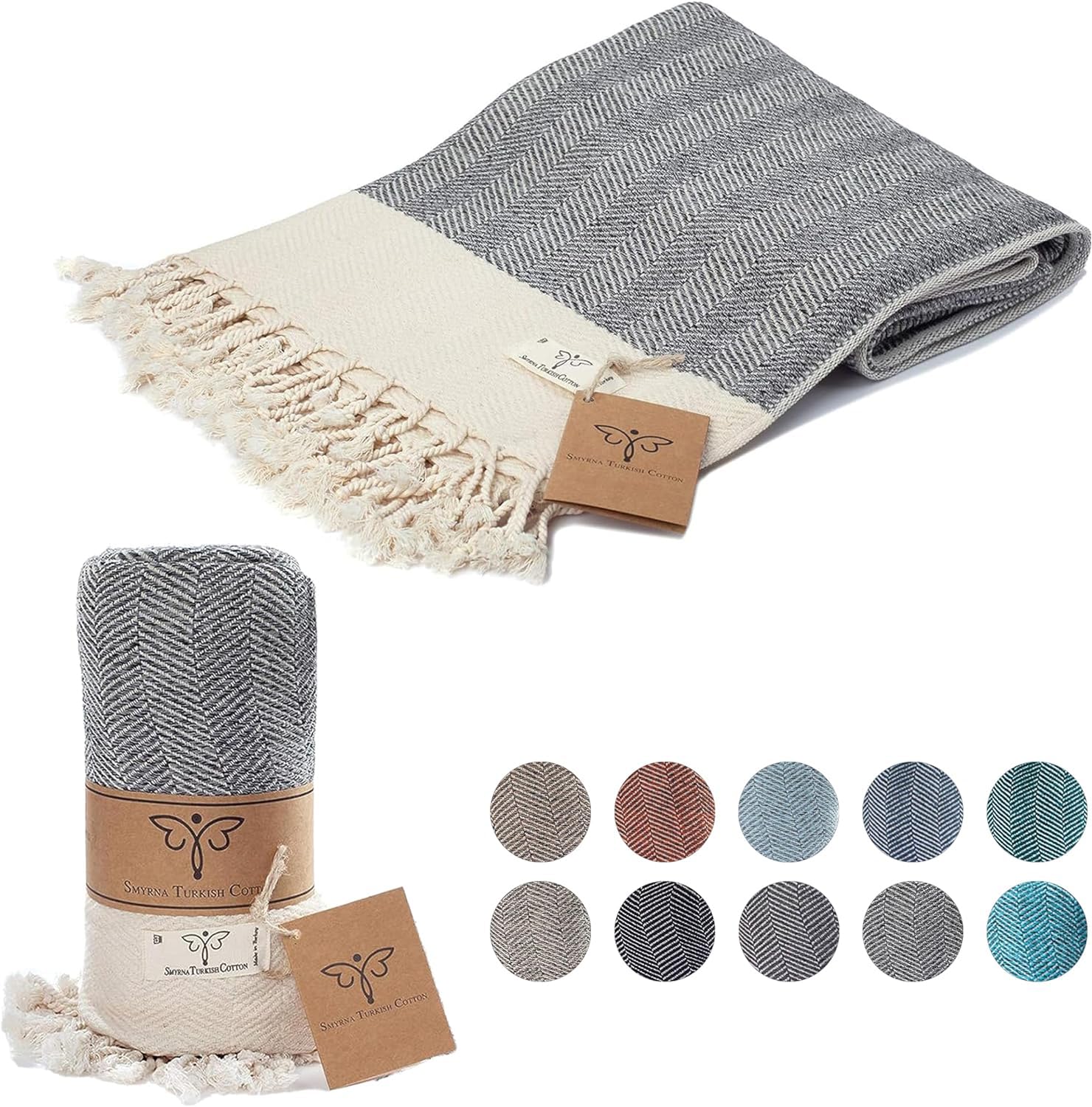 SMYRNA TURKISH COTTON Herringbone Series Throw Blanket, 50x60 inch, Outdoor Blankets, Throws and Blankets for Couch, Sofa, Bed, Chair, Beach Picnic, Travel Boho Turkish Blanket Throw, Gray