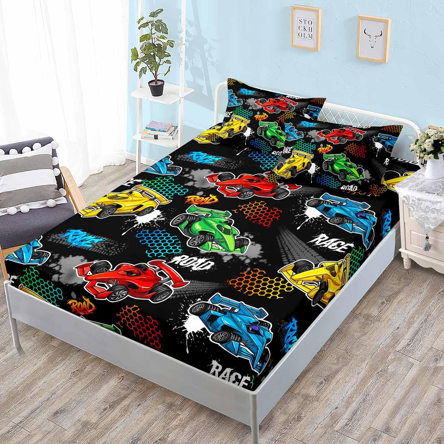 Drap-housse enfant voiture de course HOSIMA en microfibre douce pour lit simple garçon