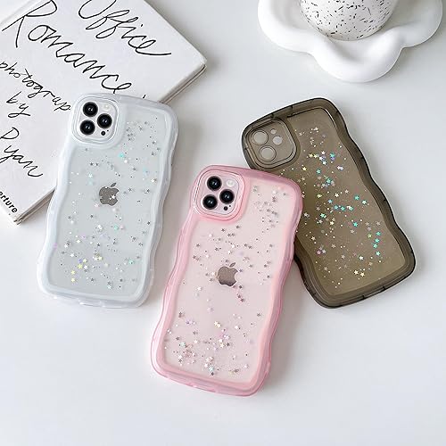 Miniatura 5 de Qokey Funda para iPhone 13 Pro Max de 6.7 pulgadas, diseño de borde ondulado rizado, transparente, con purpurina brillante, bonita funda