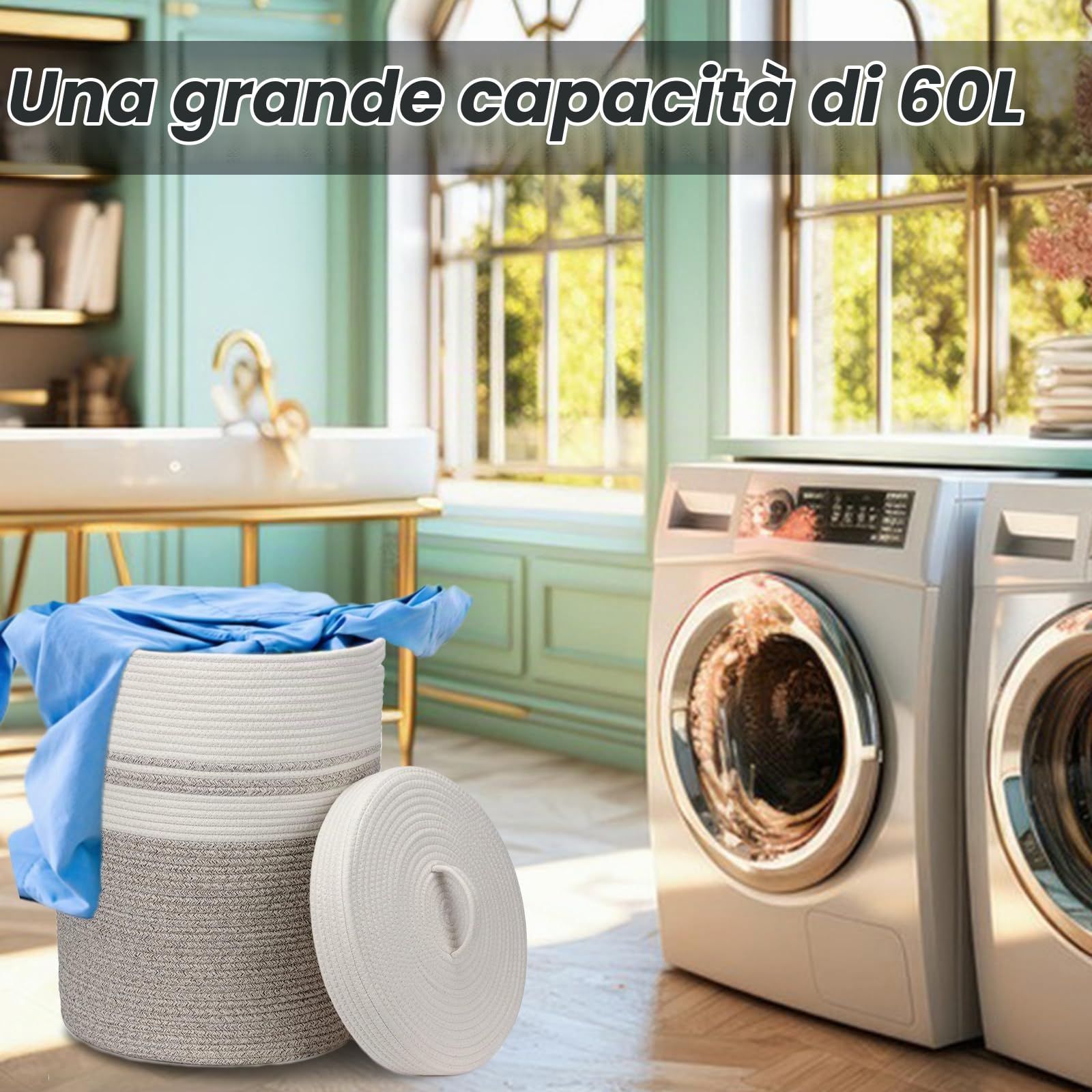 Cesto Portabiancheria, Cesto Biancheria con Coperchio Ceste Portabiancheria Cesto Panni Sporchi Portabiancheria Salvaspazio in Cotone, Pieghevole(60L 37x 52 cm)