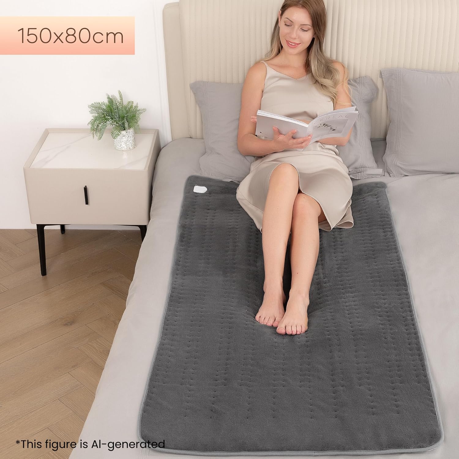 Coperta Riscaldata Elettrica 150x80cm Grigia con 10 Livelli di Temperatura, Spegnimento Automatico e Protezione dal Surriscaldamento, Facile Fissaggio su Letto e Materasso