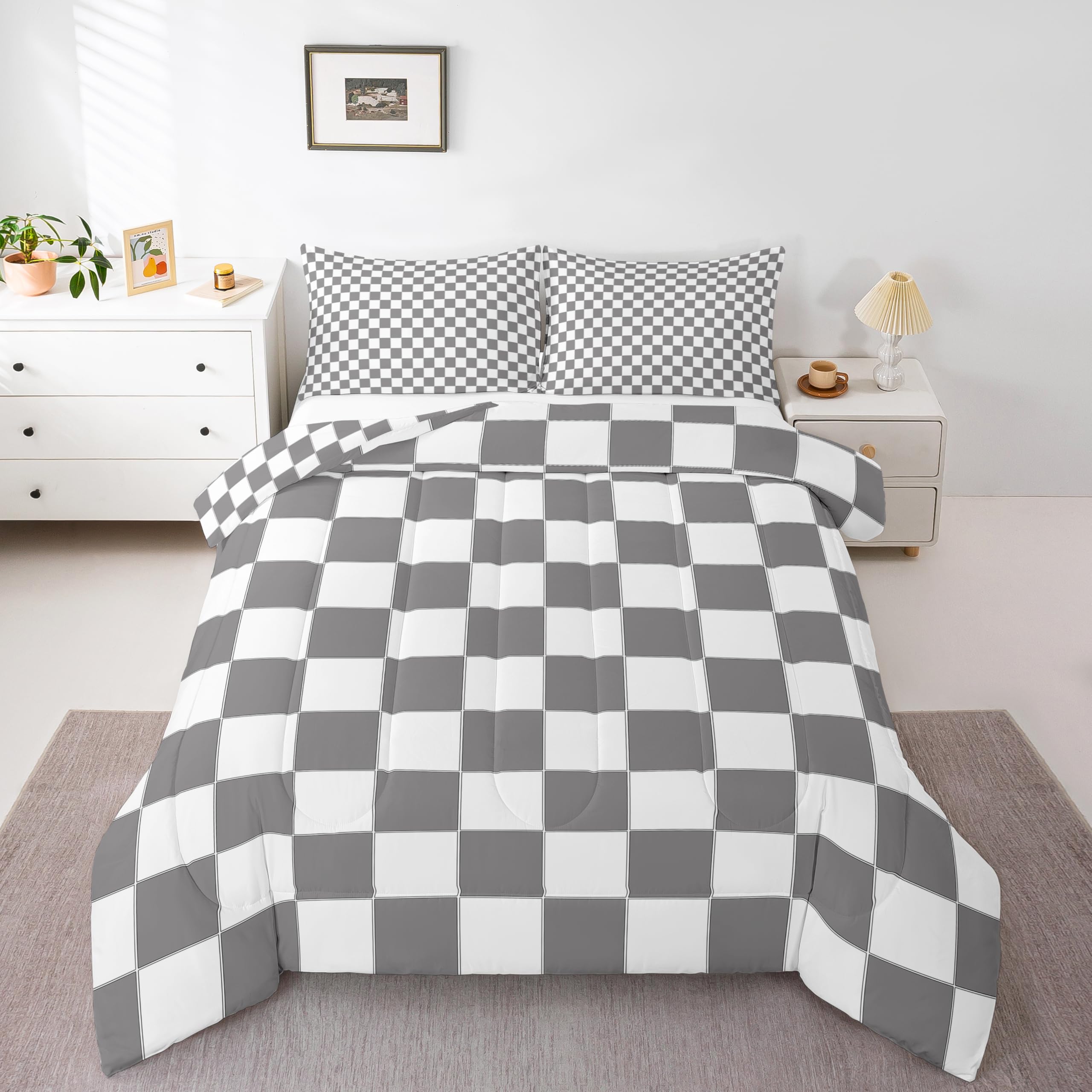 Erosebridal Gray Checkered Quilt Set Full White Grey Checkerboard Grid Bedding Set,Geometric Buffalo Plaid Comforter Set for Kids Boys Teen Adults Men Gingham Bed Set Modern Room Decor