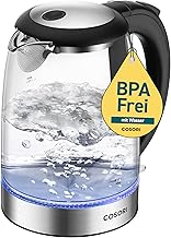 COSORI Glass Kettle 1.7 L, Boils in 2 Minutes, Plastic-Free Water Touching Parts, 304 Stainless Steel Limescale Filter, 2200 W, Overheating Protection, 360° Rotating Base, Black