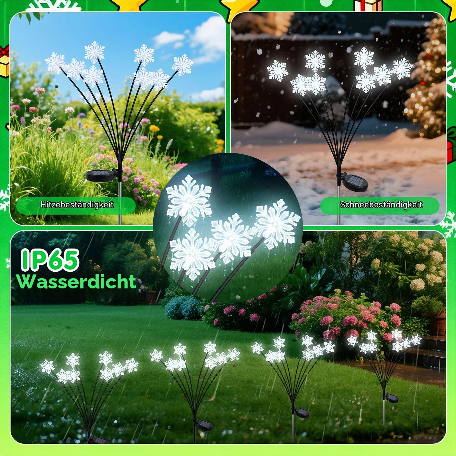 Qoosea Solarleuchten für Außen Garten, 4 Stück Solar Weihnachtsbeleuchtung mit 32 Schneeflocken, Wasserdicht Solarlampen Außen Gartenbeleuchtung Weihnachtsdeko für Weg Hof Garten Deko