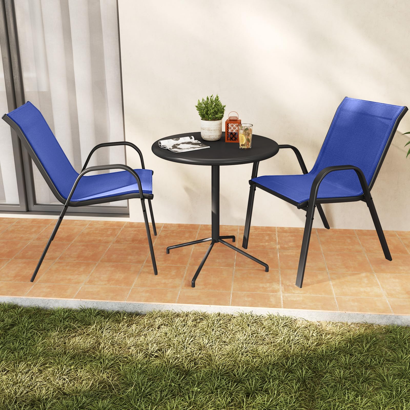GYMAX Set di 2/4 Sedie da Giardino Impilabili con Tessuto Resistente alle Intemperie, Poltroncine da Esterno in Metallo per Giardino, Cortile, Portata 150 kg, 56 x 70 x 84 cm (Blu, 4 Pezzi)