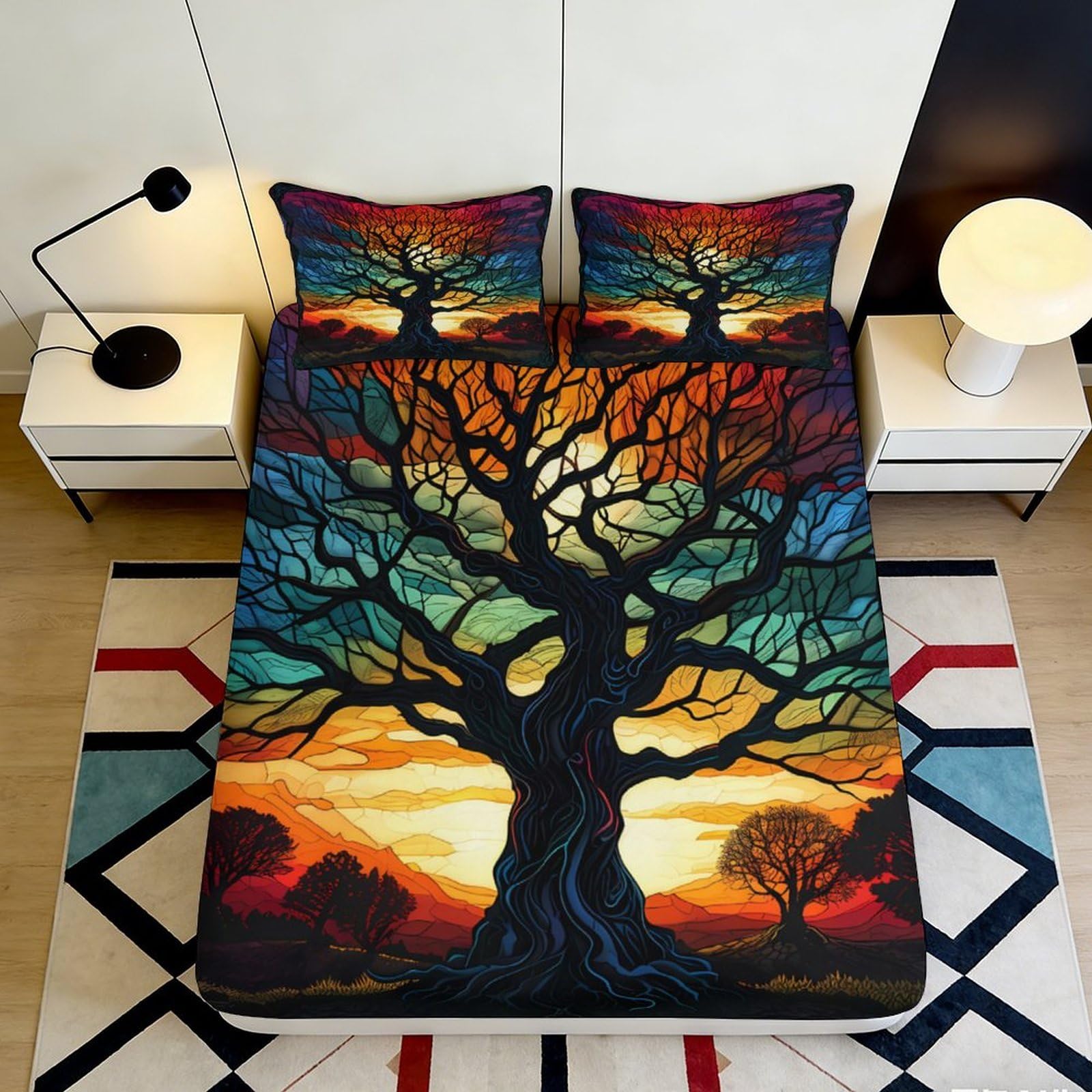 3D Printed Vibrant Tree Fitted Sheet Microfiber Soft Breathable Sunset Landscape Mattress Cover for Bedroom Dormitory Guest Room Protection Decor 140x200x25cm