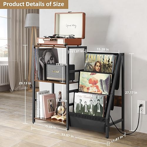 Miniatura 5 de Bikoney Soporte para tocadiscos con toma de corriente, soporte para tocadiscos con almacenamiento de discos de vinilo de 3 niveles, mesa para