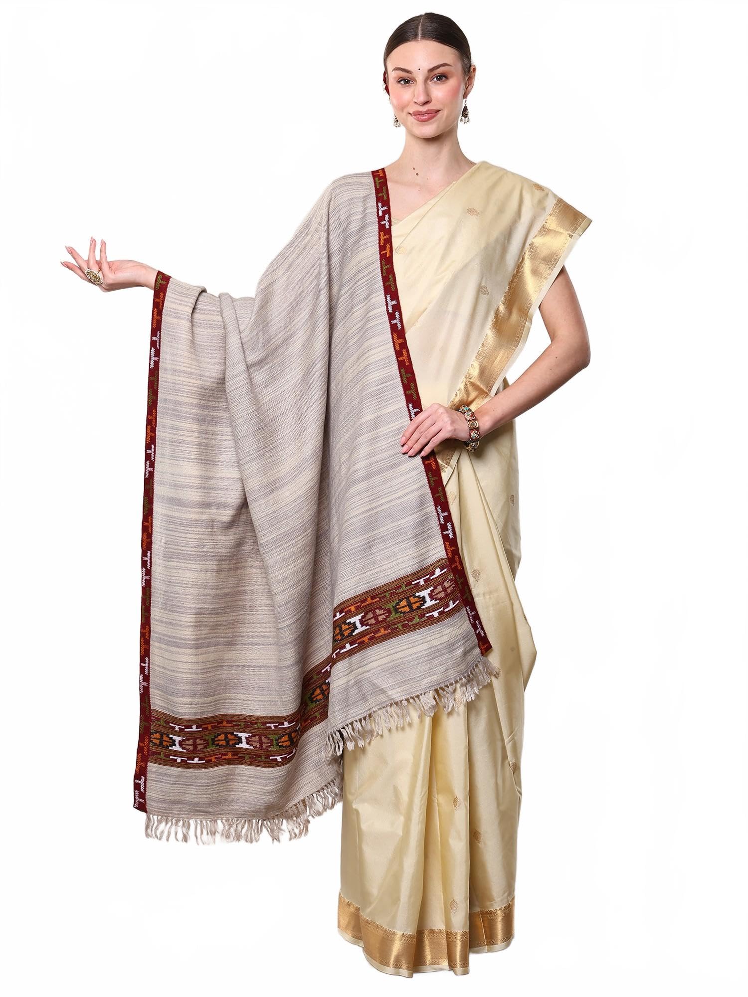 exotic india Women's Yak Wool Kullu Shawl with Kinnauri Woven Border Ethnic Designer Winter Warm Stole, Scarves For Wedding-picture-21