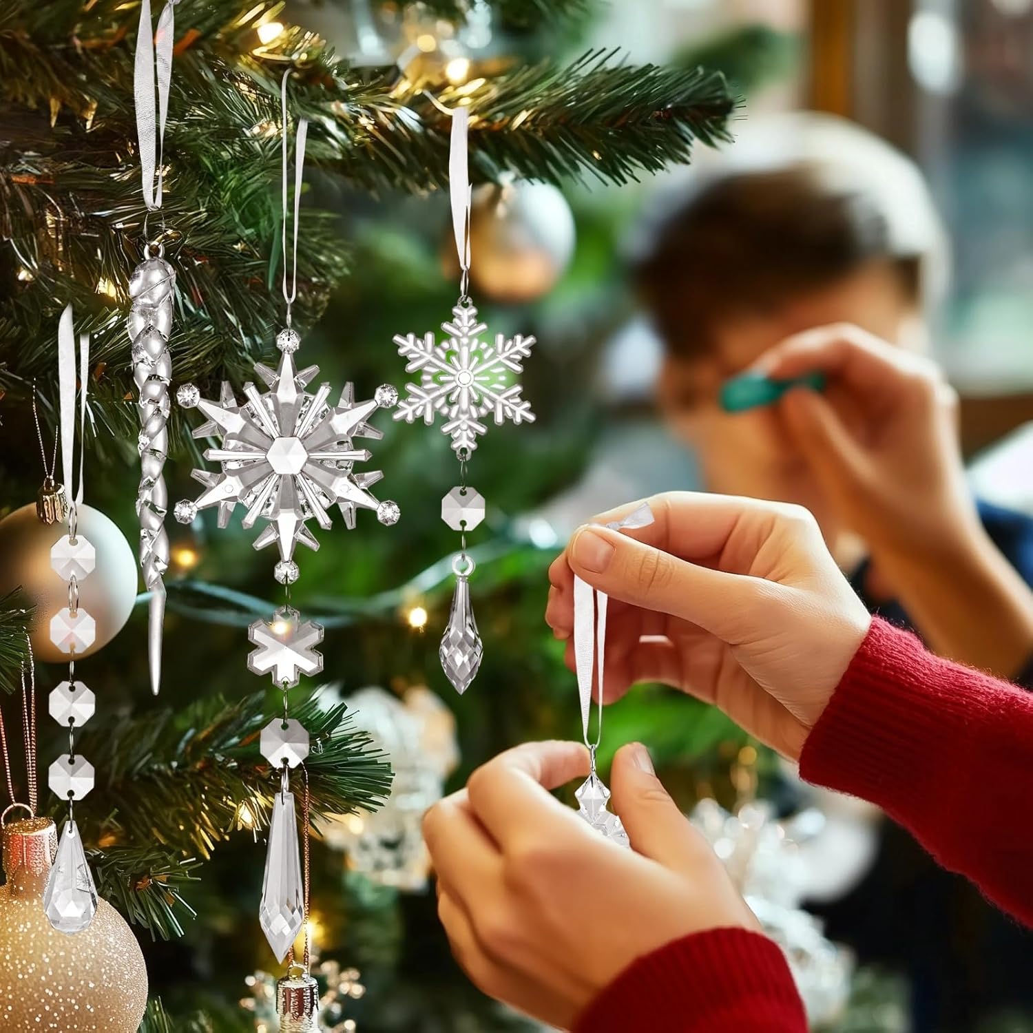20-Piece Snowflake & Icicle Acrylic Ornaments, Five Designs for Christmas, Weddings, Parties, Includes Ribbons