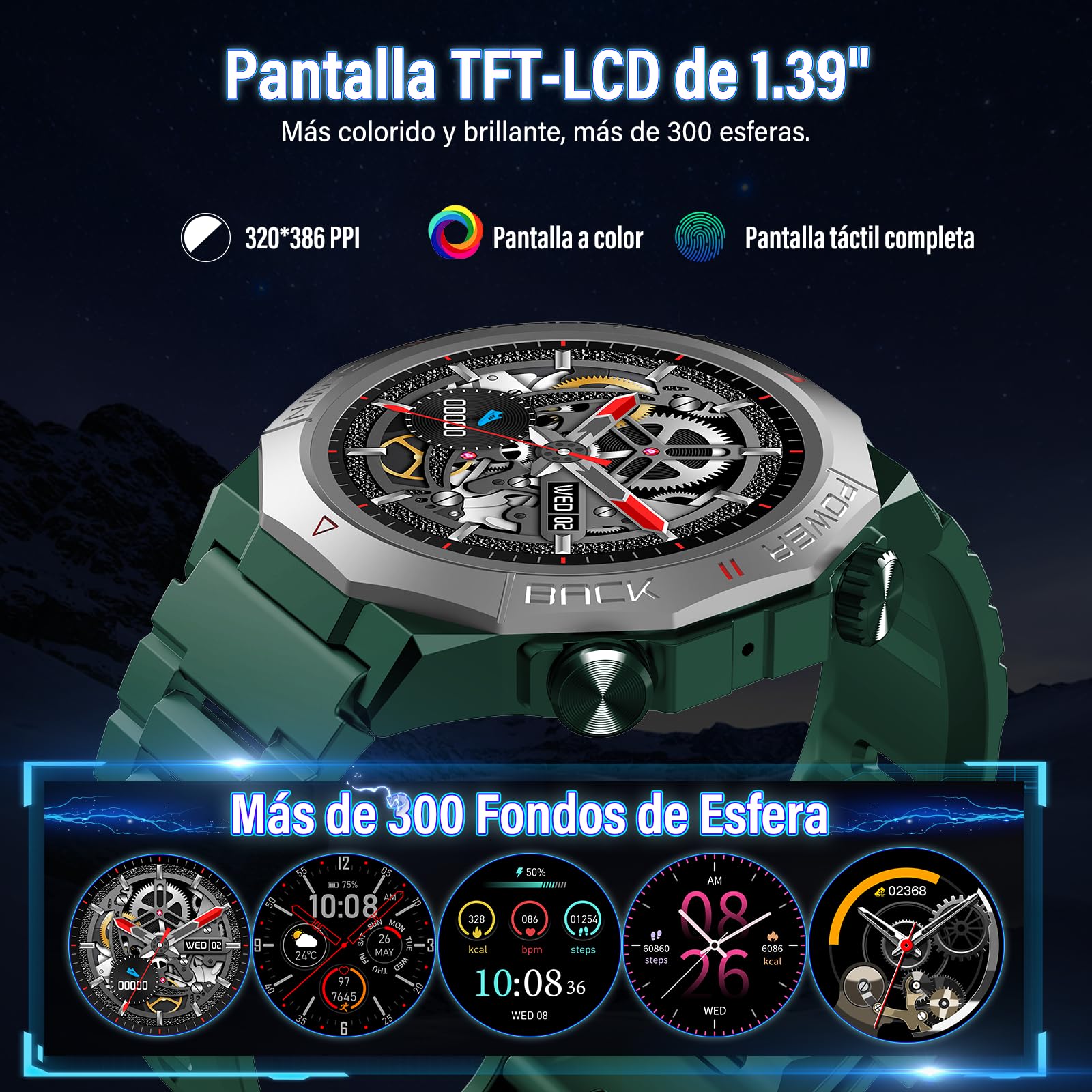 Reloj Inteligente Hombre, 1,39" Smartwatch con Llamadas Bluetooth, 110+ Modos Deportes Smart Watch, Podómetro/Monitoreo de Sueño/Pulsómetro, Impermeable IP68 Pulsera Actividad para Android iOS, Verde