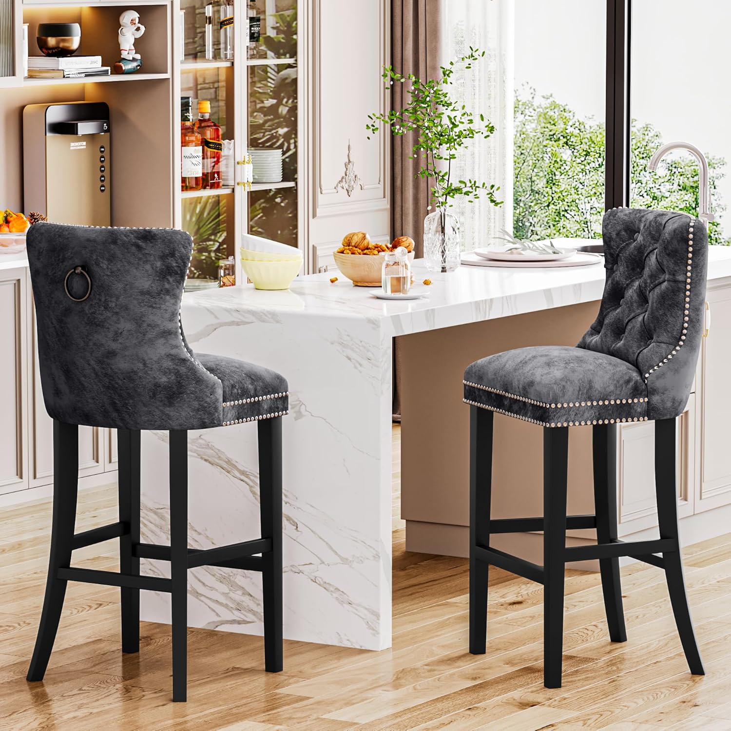 DKLGG Upholstered Counter Height Bar Stools Set of 2, Velvet Tufted Bar Stools with Back and Footrest, Farmhouse Kitchen Island Stools Dining Room Chairs, 27.2''H, Chrome Nailhead Trim(Grey)