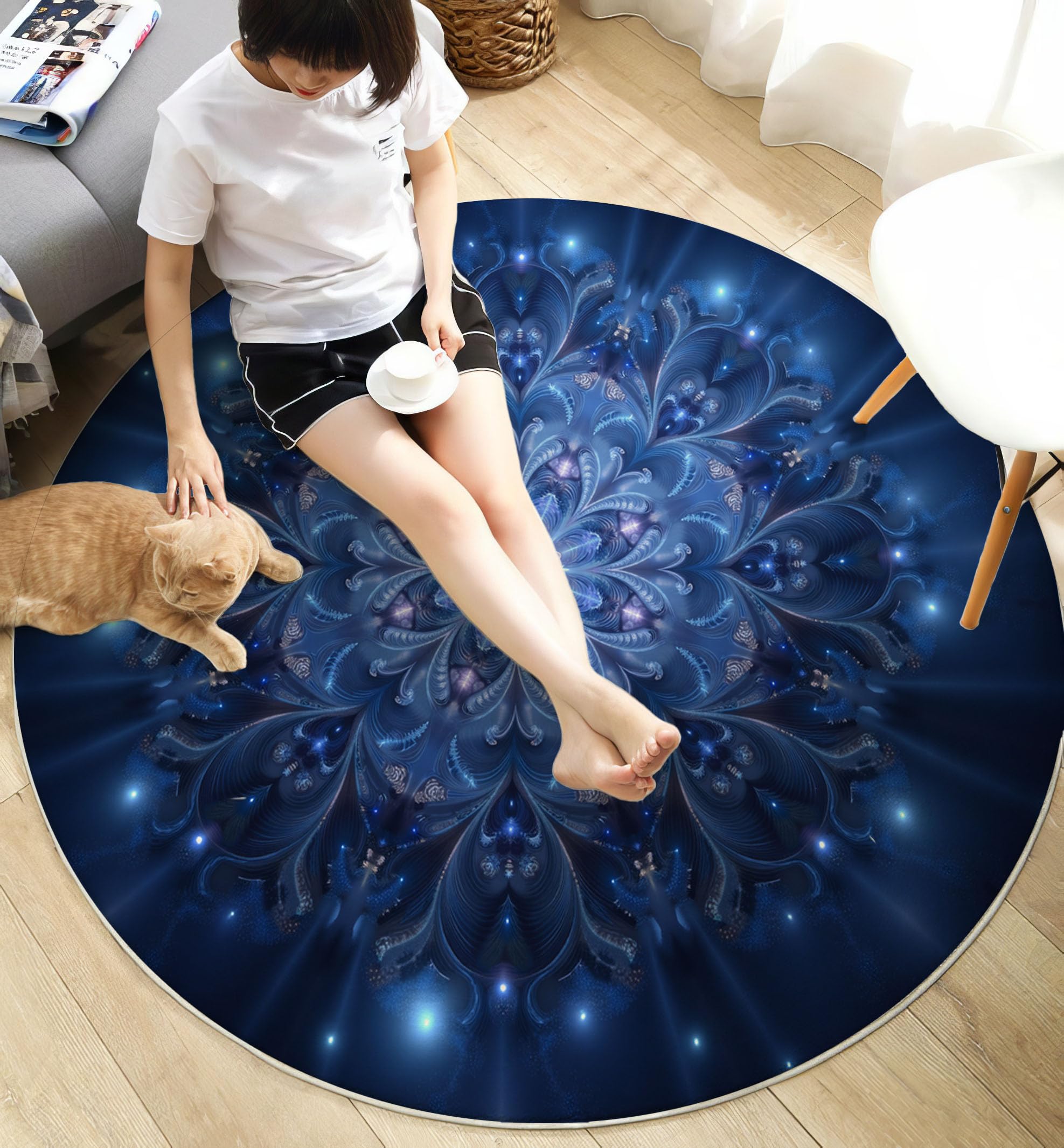 Tapis Rond Étoiles Mandala pour Salon, 120cm Circulaire Tapis Style Cosmique Mystérieux Douce Lavable Et Antidérapante pour Chambre Intérieure, Bleu Profond