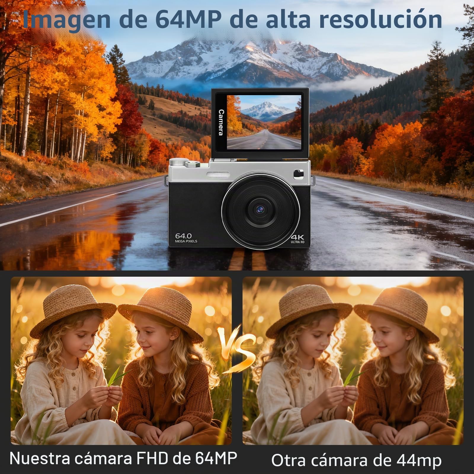 Cámara digital 4K 64MP Cámara de fotos de 3 pulgadas 16X enfoque automático zoom digital portátil cámara digital para Vlog 180° pantalla LCD plegable cámara de fotos 2 baterías 32 GB tarjeta para