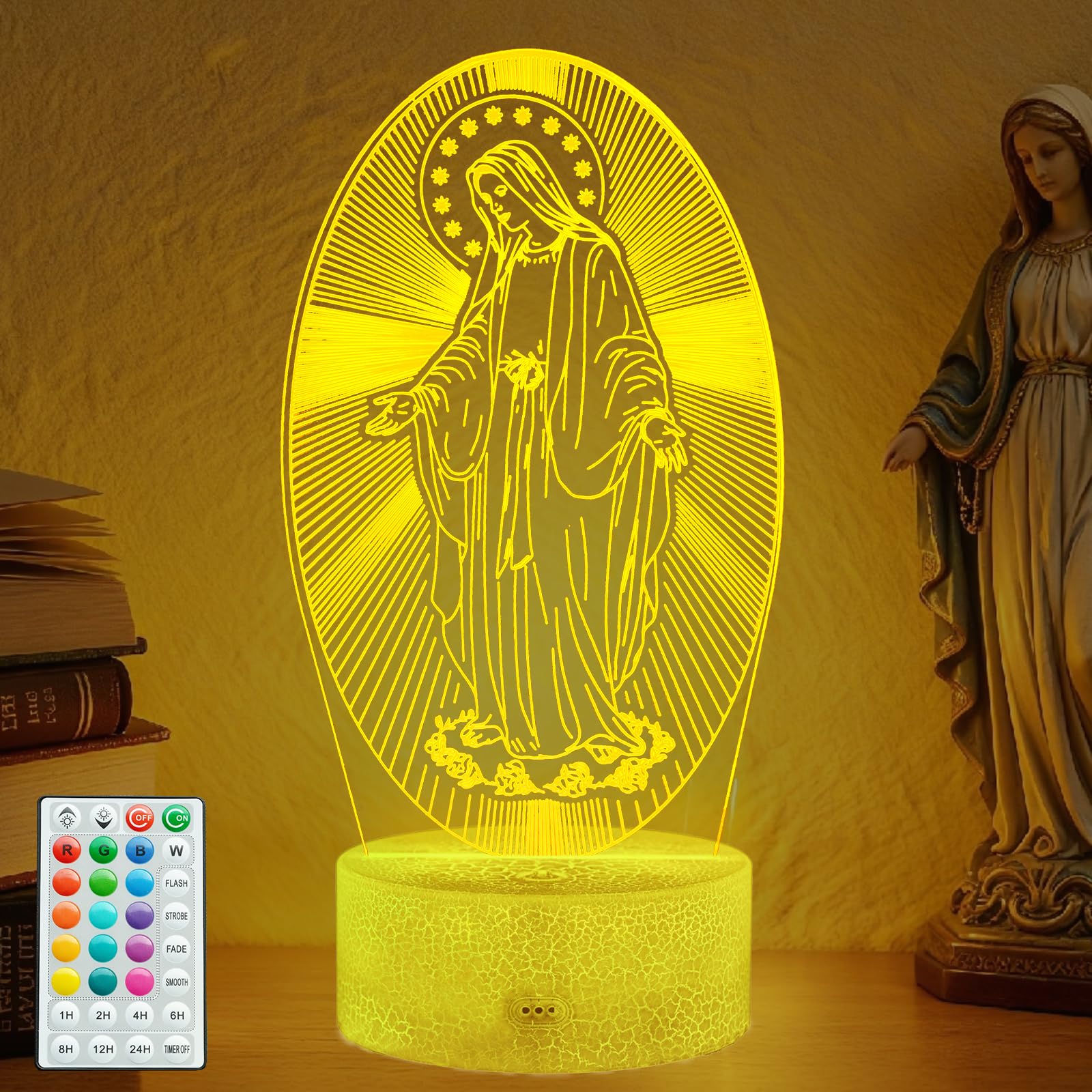 Posshe Women's Virgin Mary Gift, 3D Christian Night Light With 16 Colors Changing, Remote Control With Timer, Rgb Flashing Mode And Dimmable, Religious Lamp For Christmas Birthday Decor