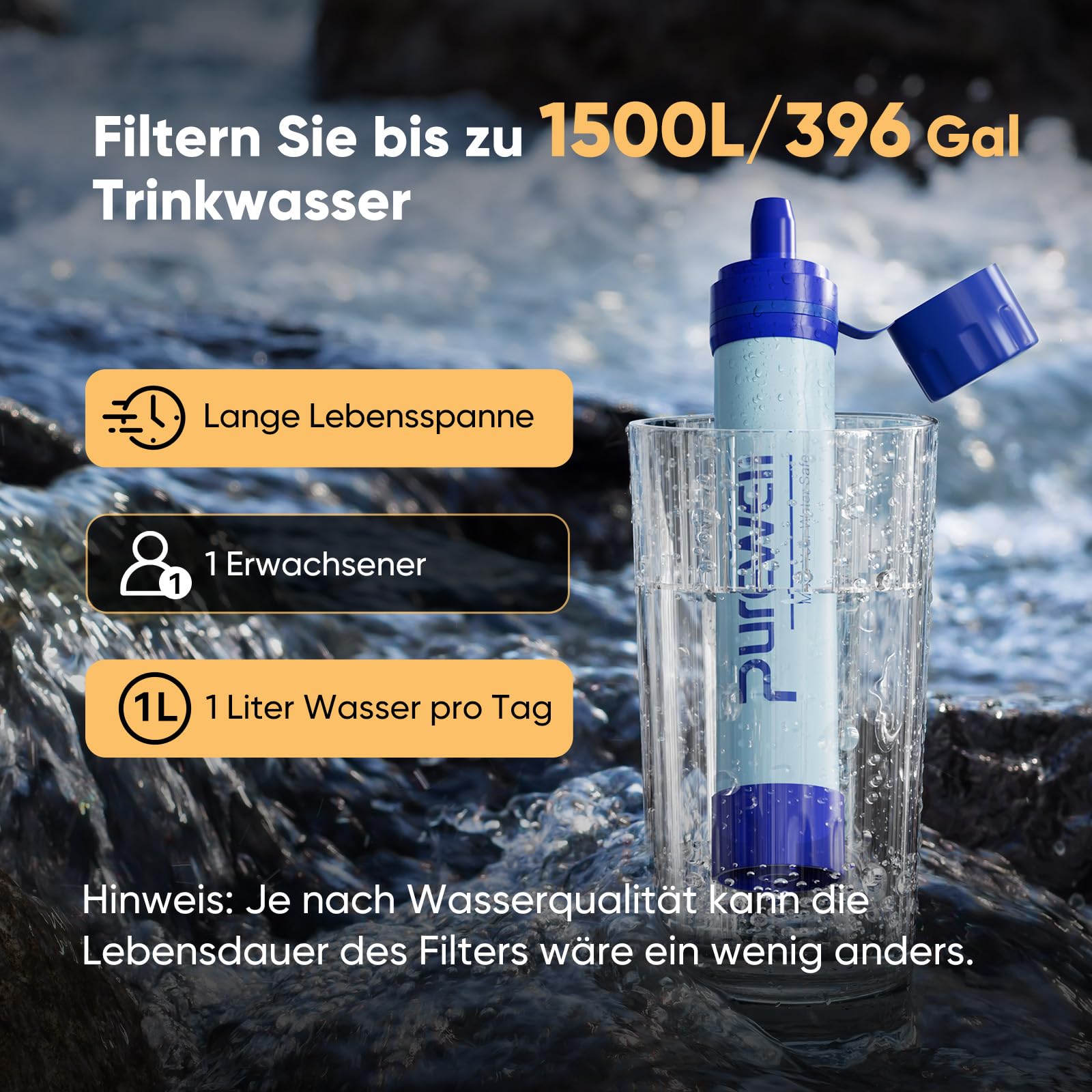 Purewell Outdoor-Wasserfilter – 0,01 μm Ultrafeinfilter entfernt 99,99% Bakterien & Schwermetalle | 1500 Litern Filterkapazität | Tragbarer Trinkwasserfilter mit Karabiner für Survival & Outdoor