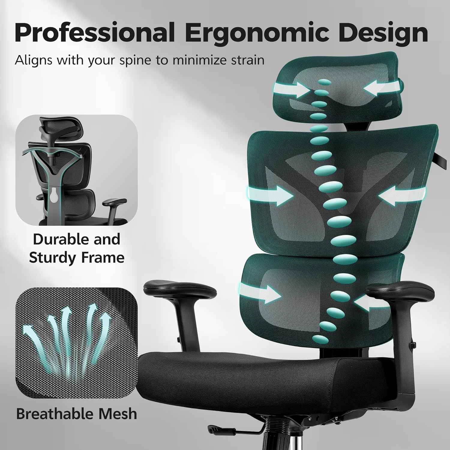 Ergonomic Office Chair High Back Desk Chair with Lumbar Support, Breathable Mesh Computer Chair with Adjustable Armrests Height, Reclining Swivel Big and Tall Gaming Chair for Home Office(Black) - Image 5
