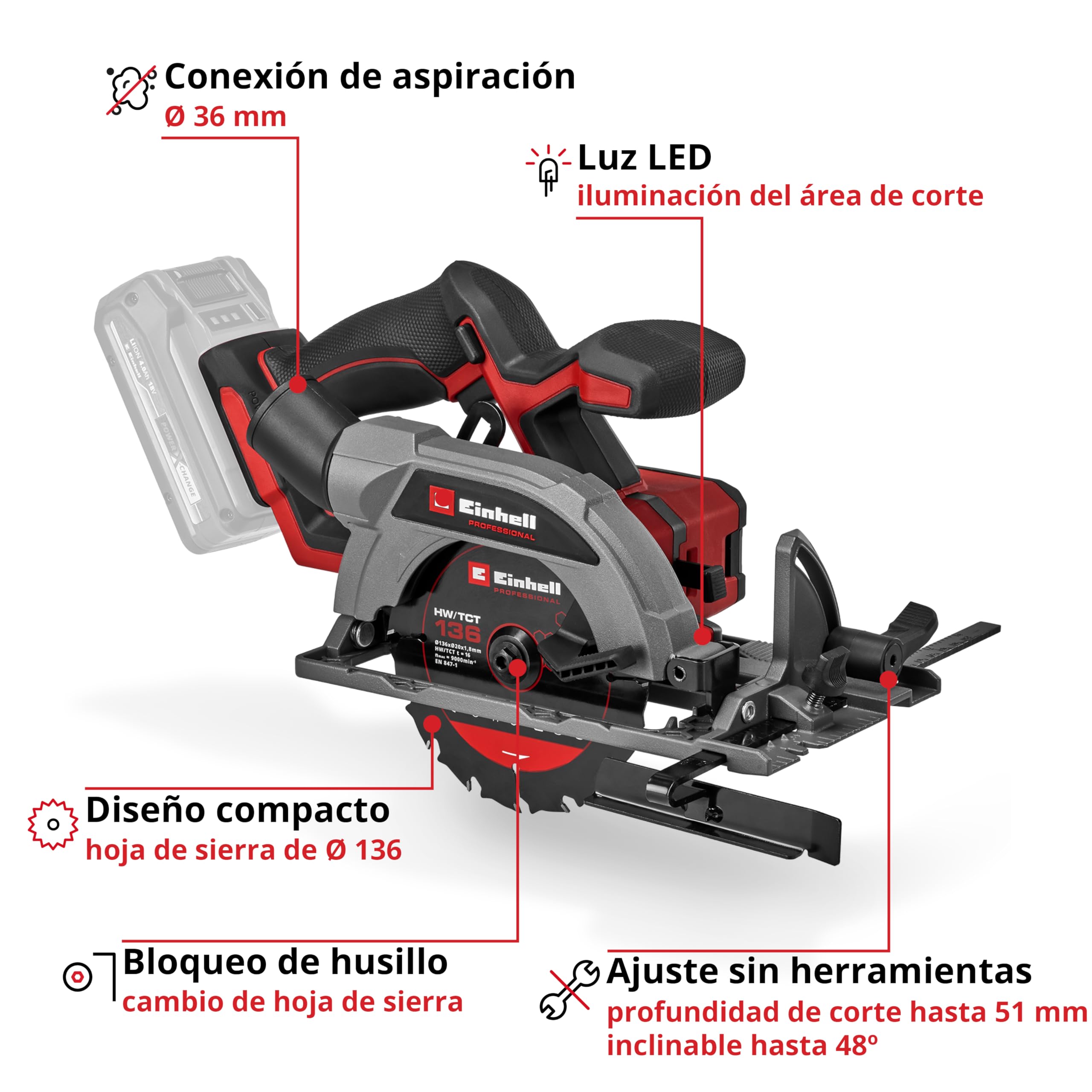 La sega circolare manuale Einhell Professional TP-CS 18/136-C Li BL - Solo Power X-Change (18 V, lama Ø 136 mm, Brushless, profondità di taglio 51 mm, installazione senza attrezzi, batteria esclusa)
