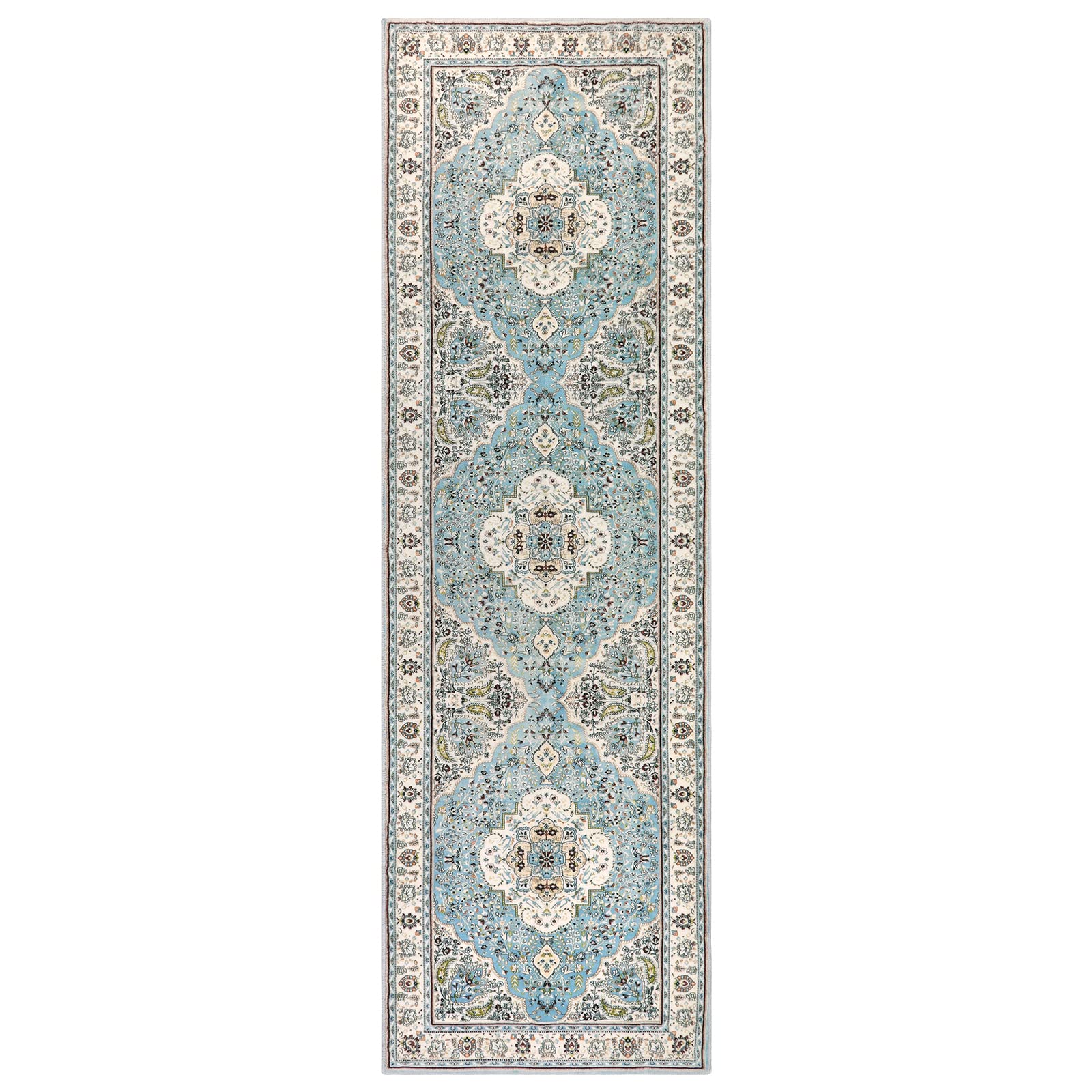 Lahome Floral Medallion Runner Rug - 2x7 Hallway Kitchen Vintage Runner, Non-Slip Washable Lightweight Low-Pile Bedside Mat Indoor Floor Carpet for Entrance Laundry Bathroom, Sky/Baby Blue