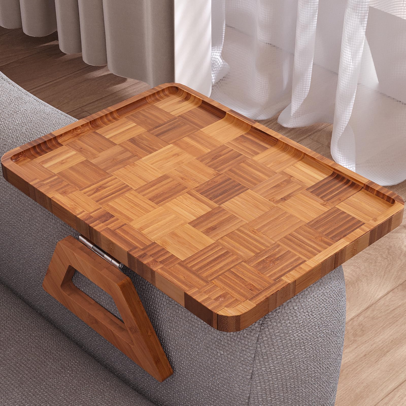 Danfoxer Couch Arm Tray,Spliced Bamboo Folding Sofa Tray,Sofa Armrest Trays Clip-On Couch Desk for Drinks,Snacks,Phone,Remote Control