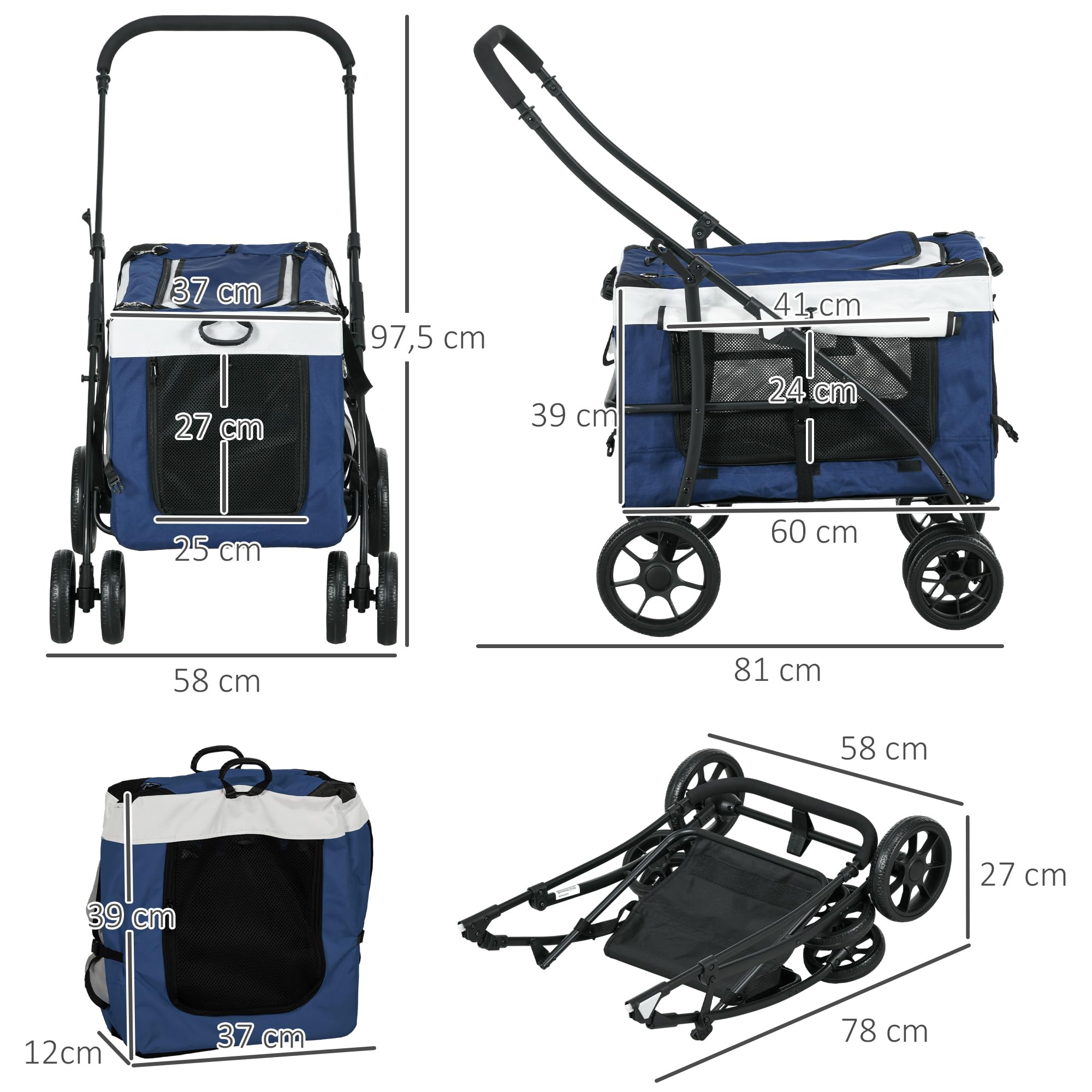 PawHut 2 in 1 Hundewagen Hundebuggy klappbar für Hunde & Katzen bis 10 kg Katzenbuggy mit Kissen Netzfenstern Türen Aufbewahrungskorb Katzenwagen Buggy Blau