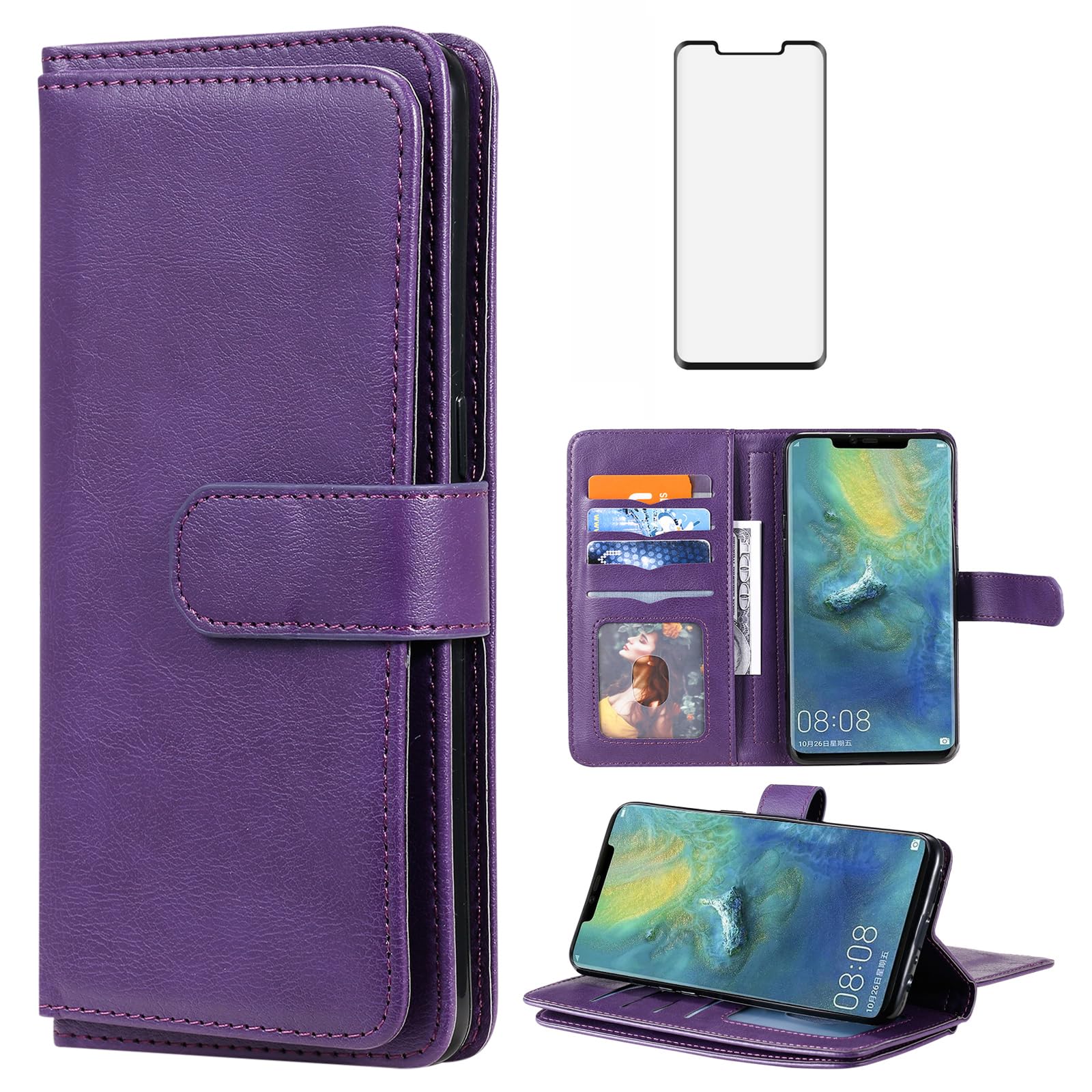 Asuwish Cover Portafoglio Per Huawei Mate 20 Con Cordino E Vetro Temperato – Pelle Grigia Con Portacarte - 5