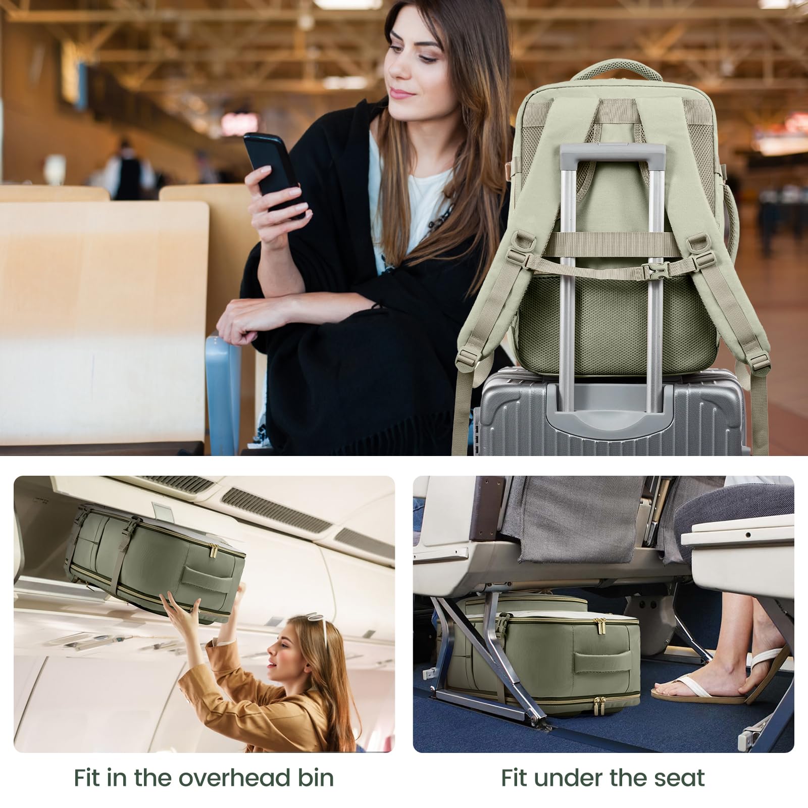 Mochila de viaje para mujer, mochila de transporte de 40 litros aprobada por vuelos, Verde y blanco, Mochilas de viaje 6