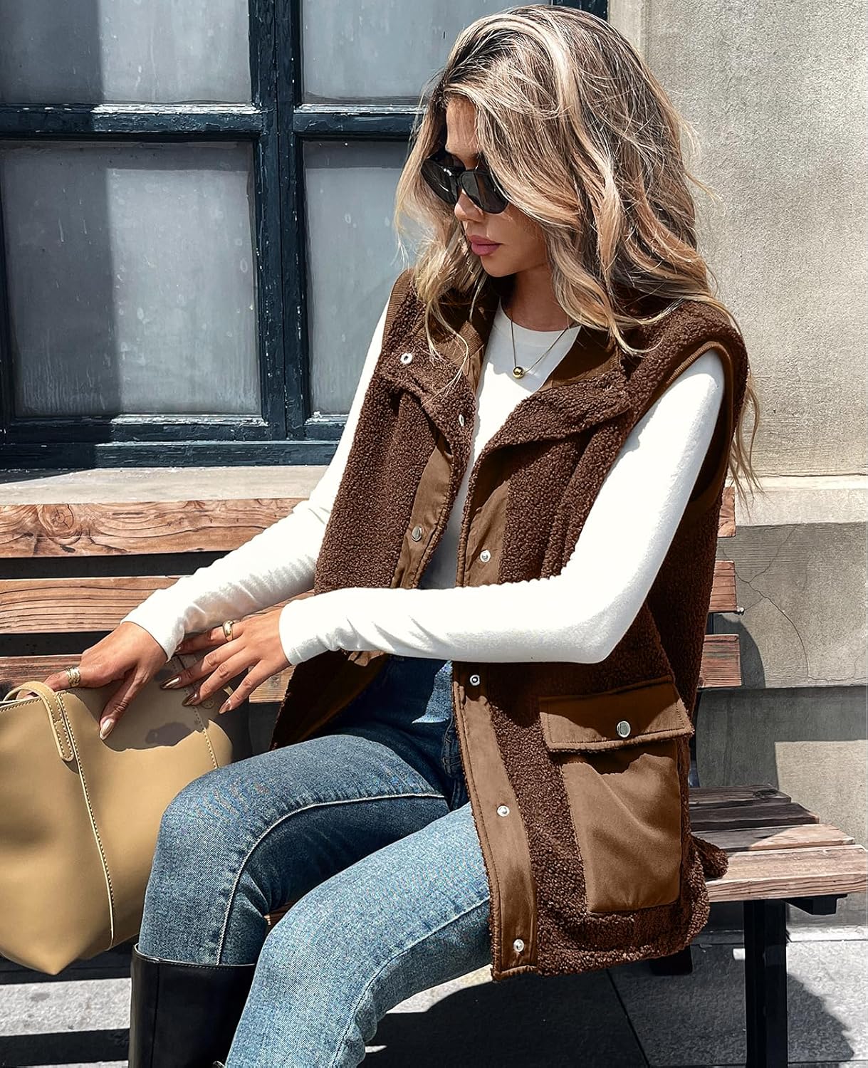 Womens Sping 2026 Sherpa Fleece Vest Sleeveless Button Down Oversized Winter Fuzzy Vest Outerwear Jacket with Pocket - Image 7