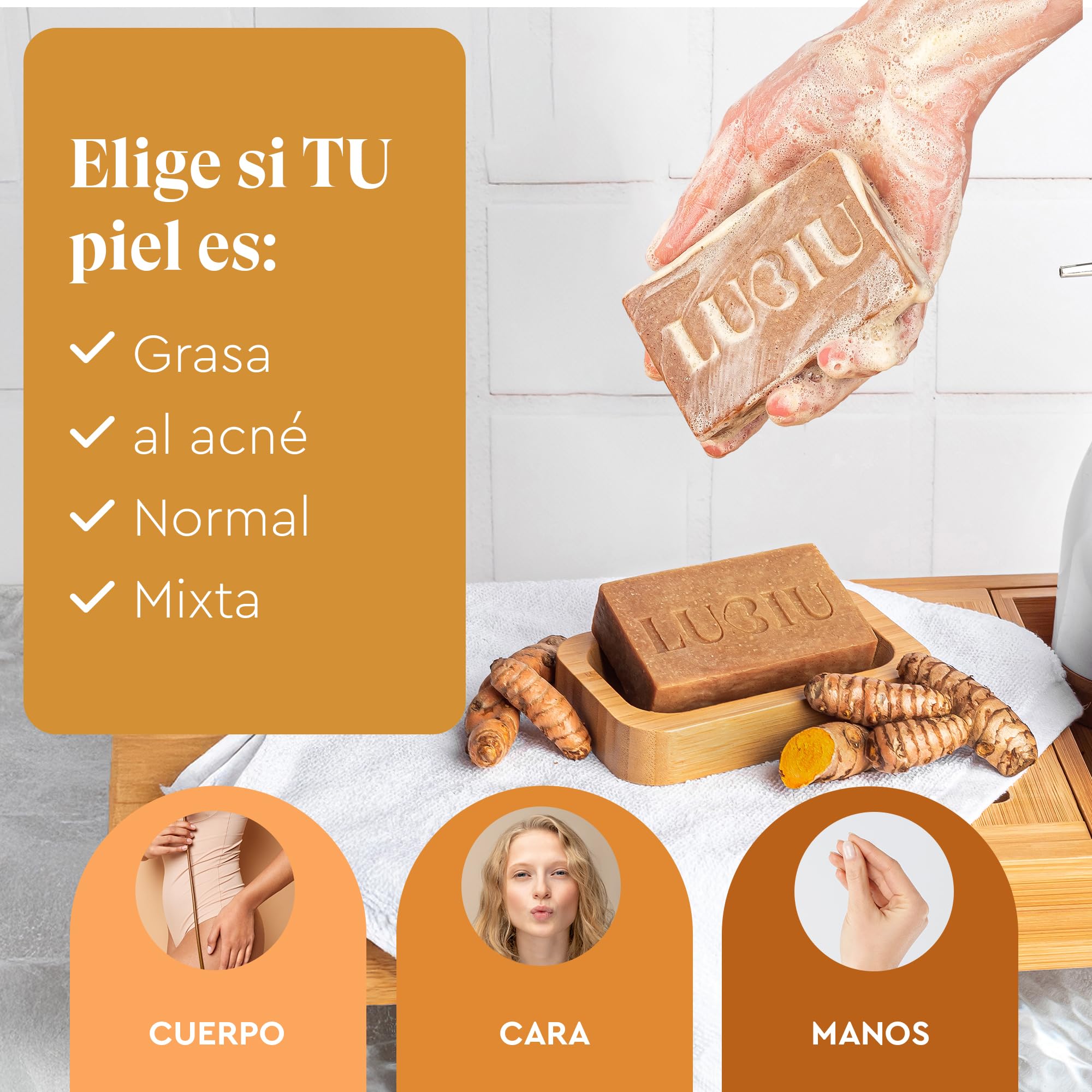 Jabon de Curcuma Para la Cara - 100g Pastilla Jabon Cara Piel Grasa y Cuerpo - Jabón Antibacterial Limpieza Facial - Turmeric Soap — view 4
