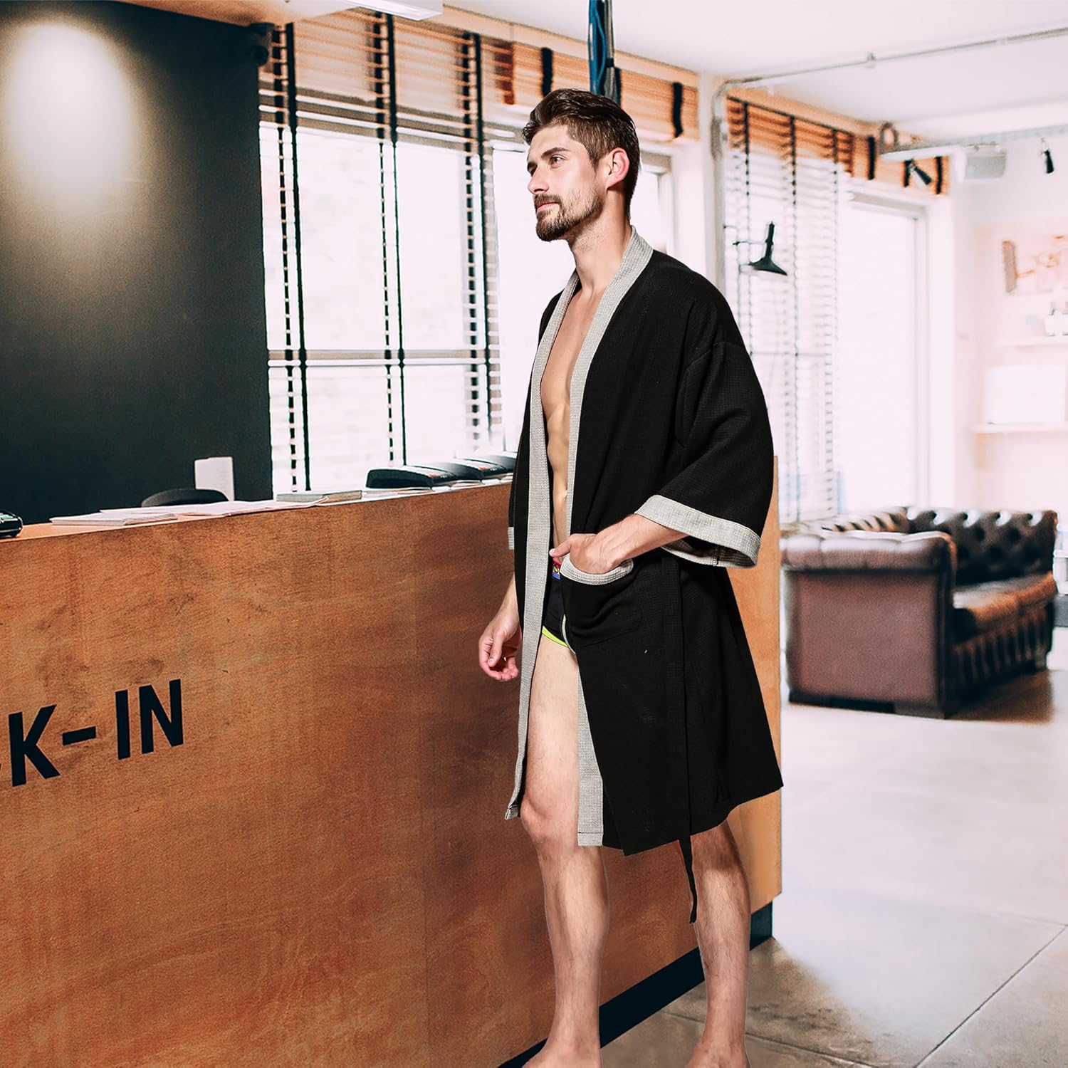 Haseil Men's Turkish Cotton Bathrobe Waffle Kimono Terry Cloth Hotel Spa Robes - Image 7