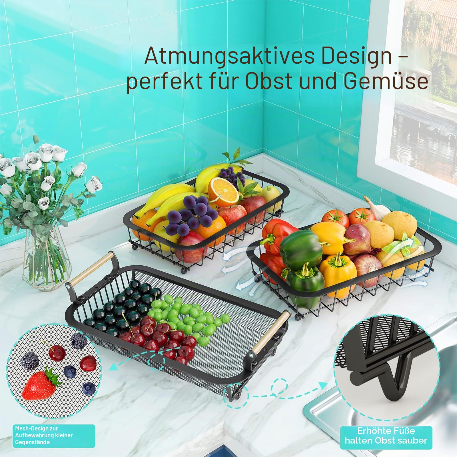 Obstkorb mit 3 Ebenen und 2 Bananen-Aufhängern für Küchenarbeitsplatte, Gemüse-Arbeitsplatte, Aufbewahrungshalter, große Kapazität, Metalldraht, Obstständer, Organizer für Zwiebel, Snack, schwarz