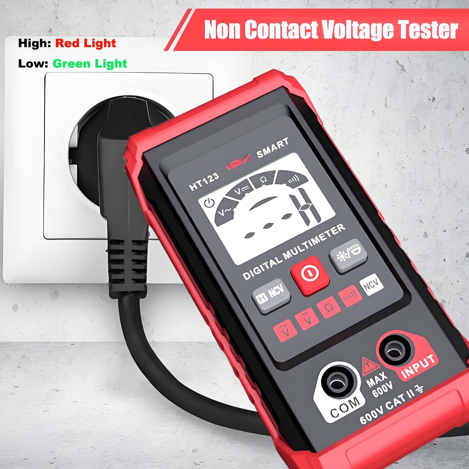 HT123 Digital Multimeter, Automatic AC DC Voltmeter, Non Contact Voltage Tester, Smart Voltage Resistance Tester Multi Meter, Auto-Ranging, Sound & Light Alarms