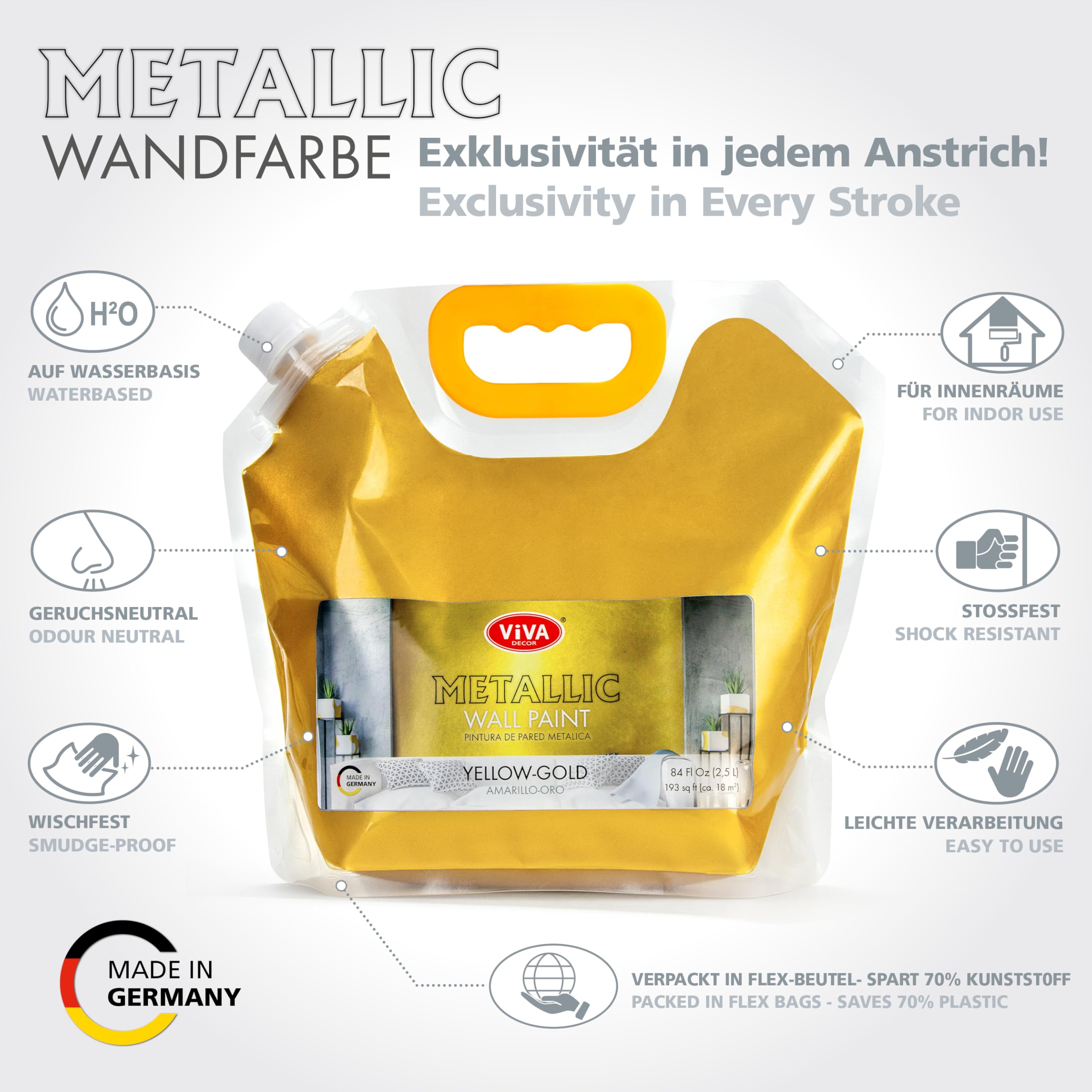 Viva Decor Metallic Wandfarbe 2,5 L - Gelb Gold - Effektfarbe Wand für stilvolle Wandgestaltung, wasserbasiert & abriebfest, leicht aufzutragen, langlebige Wandfarbe mit intensivem Metallic Effekt