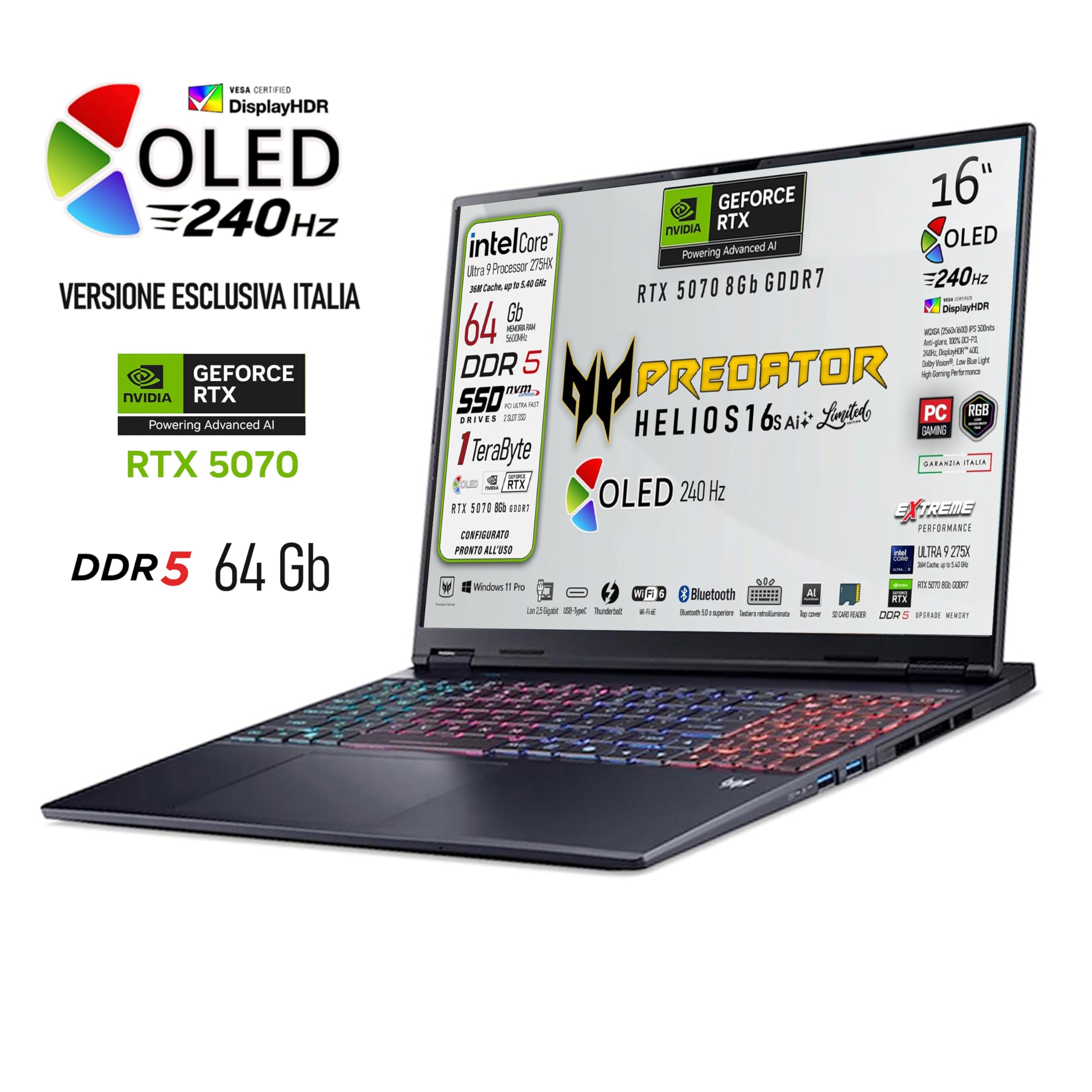 Acer Predator Helios Neo 16s Ai Notebook Gaming limited edition | Intel Ultra 9-275X 24core, RAM DDR5 64GB, SSD 1TB, Display 16" OLED 240Hz DCI-P3 100%, GeForce RTX 5070 8GB, Ready to Use